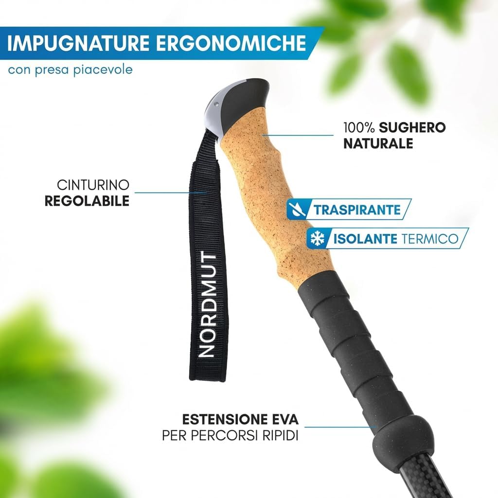 Detalle de NORDMUT Bastoncini Trekking Telescopici Ultraleggeri con Impugnatura in Sughero Naturale