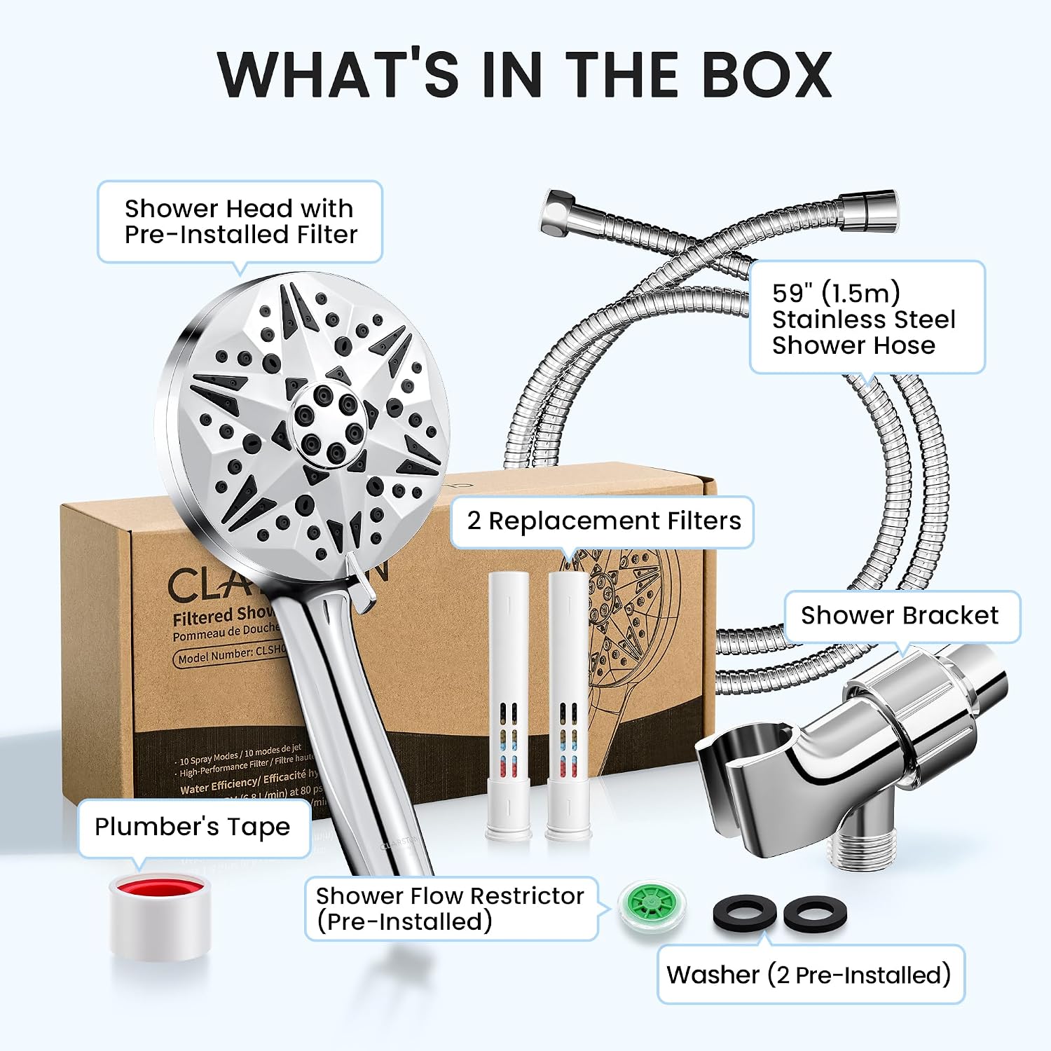 Detalle 2 de CLARSTON CLSH01 Filtered Handheld Shower Head, 9 Spray Modes & Power Wash