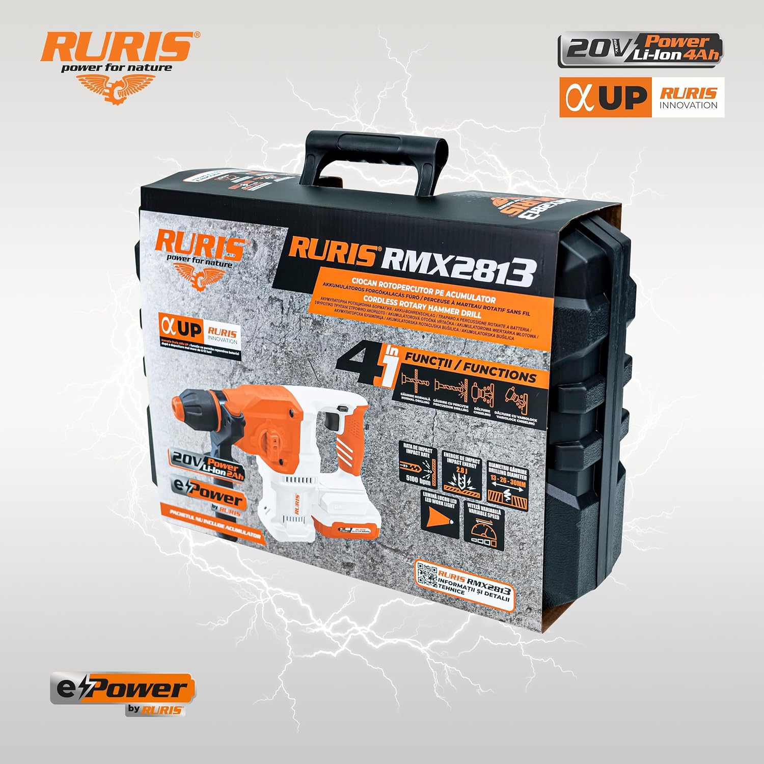 Thumbnail 4 de RURIS RMX1210: Marteau perforateur sans fil SDS Plus 20V 4Ah avec LED, vitesse variable et forets 8/10/12 mm (pack inclus)