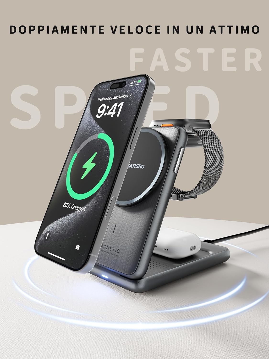Thumbnail 3 de Tigratigro Caricatore Wireless Stazione 3 in 1 con MagSafe – Nero, W93