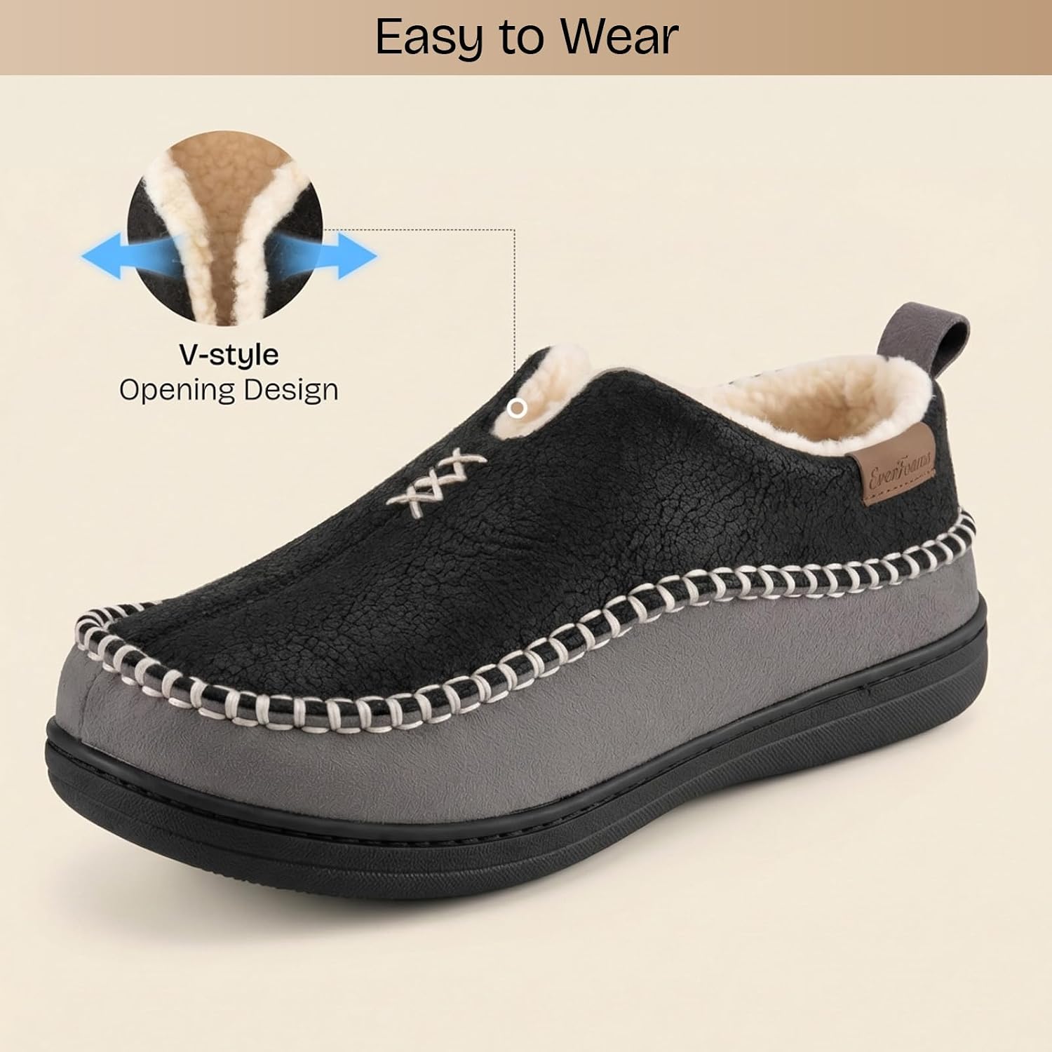 Detalle 2 de EverFoams Men’s Micro Suede Memory Foam Moccasin Slippers with Fuzzy Sherpa Lining