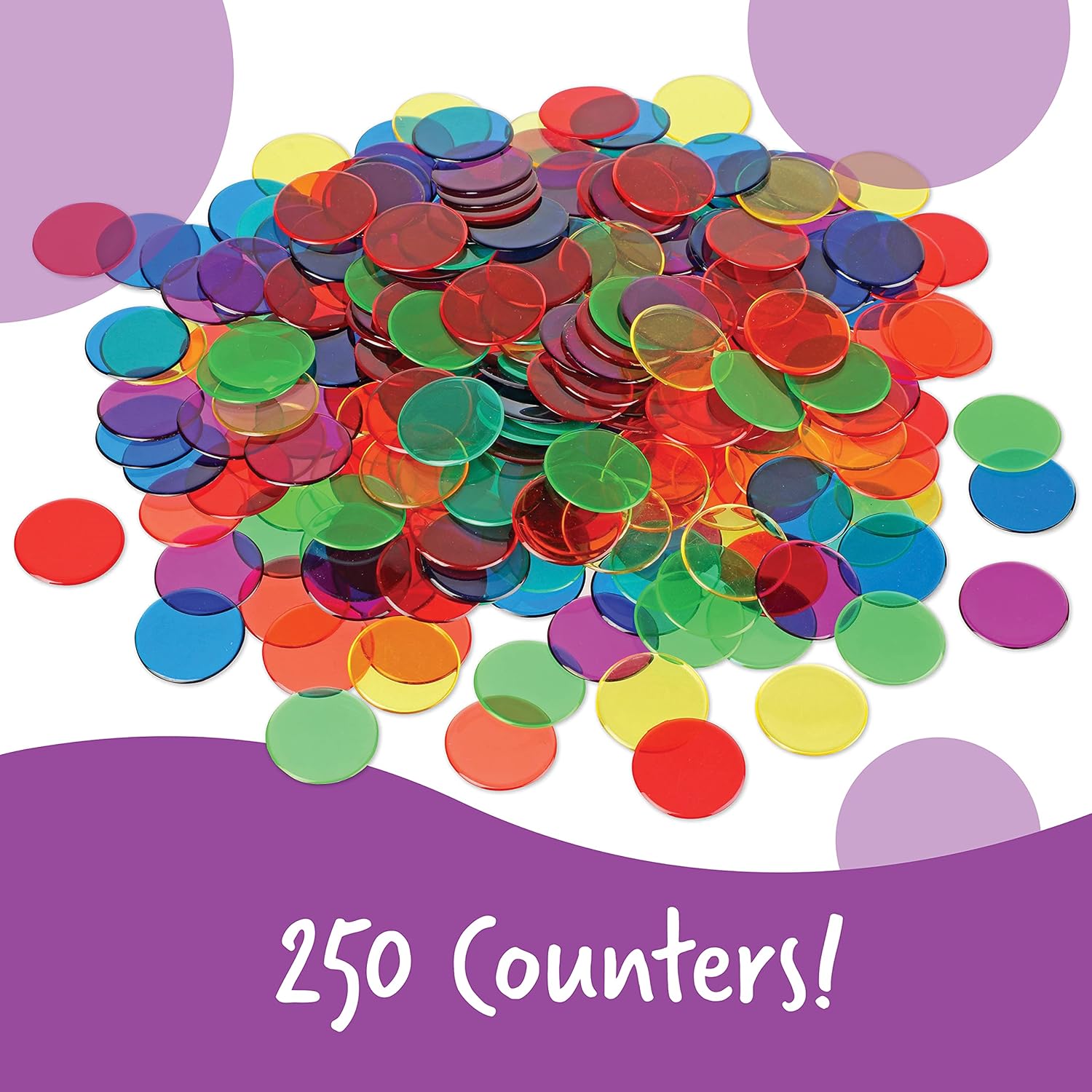 Detalle 2 de Learning Resources Dischetti Trasparenti Colorati (250 pezzi, 2 cm) – 6 Colori per attività matematiche per bambini dai 5 anni