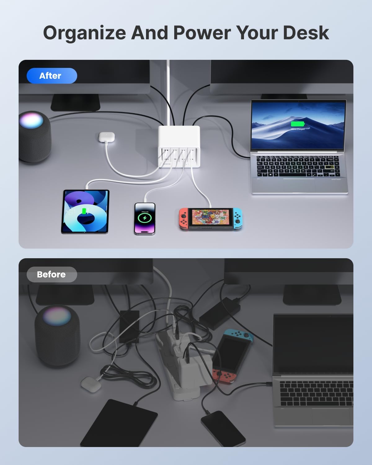 Detalle de Gitryin 12-in-1 Desktop Charging Station: 3 Retractable USB-C Chargers + Lightning, 160W Hub