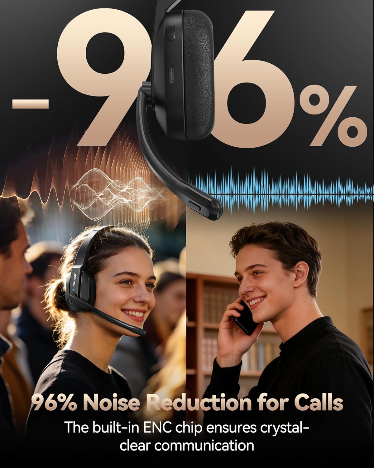 Detalle 2 de TECKNET V5.2 Bluetooth Headset 50+ Std. Akku