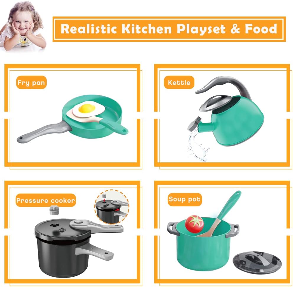 Detalle de Bruvoalon 32-Piece Kids Play Kitchen Toys Set (Toddlers Pretend Cooking Set) – Green