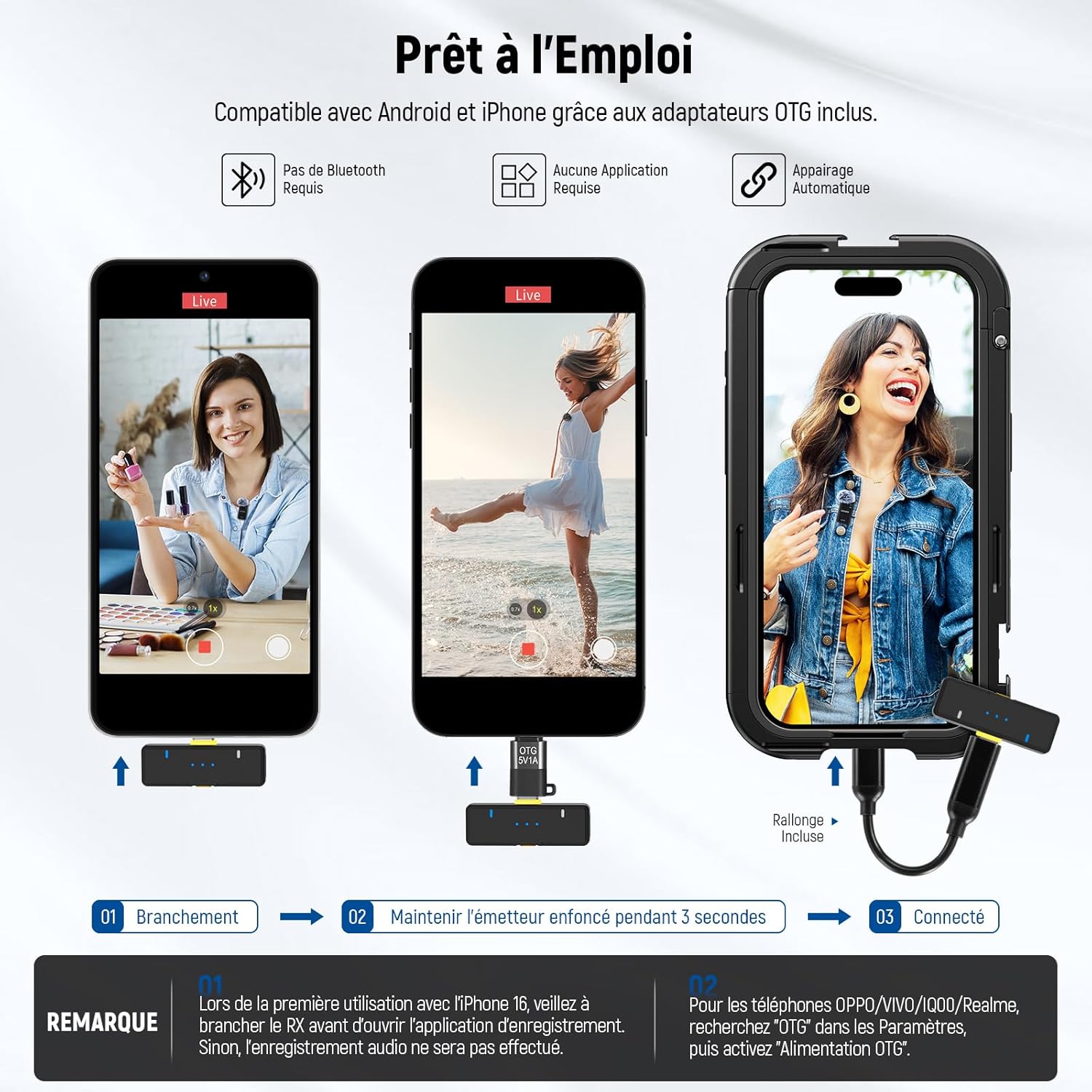 Detalle de NEEWER Kit micro sans fil lavalier KM15 : récepteur USB‑C + 2 émetteurs TX + boîtier de charge OTG