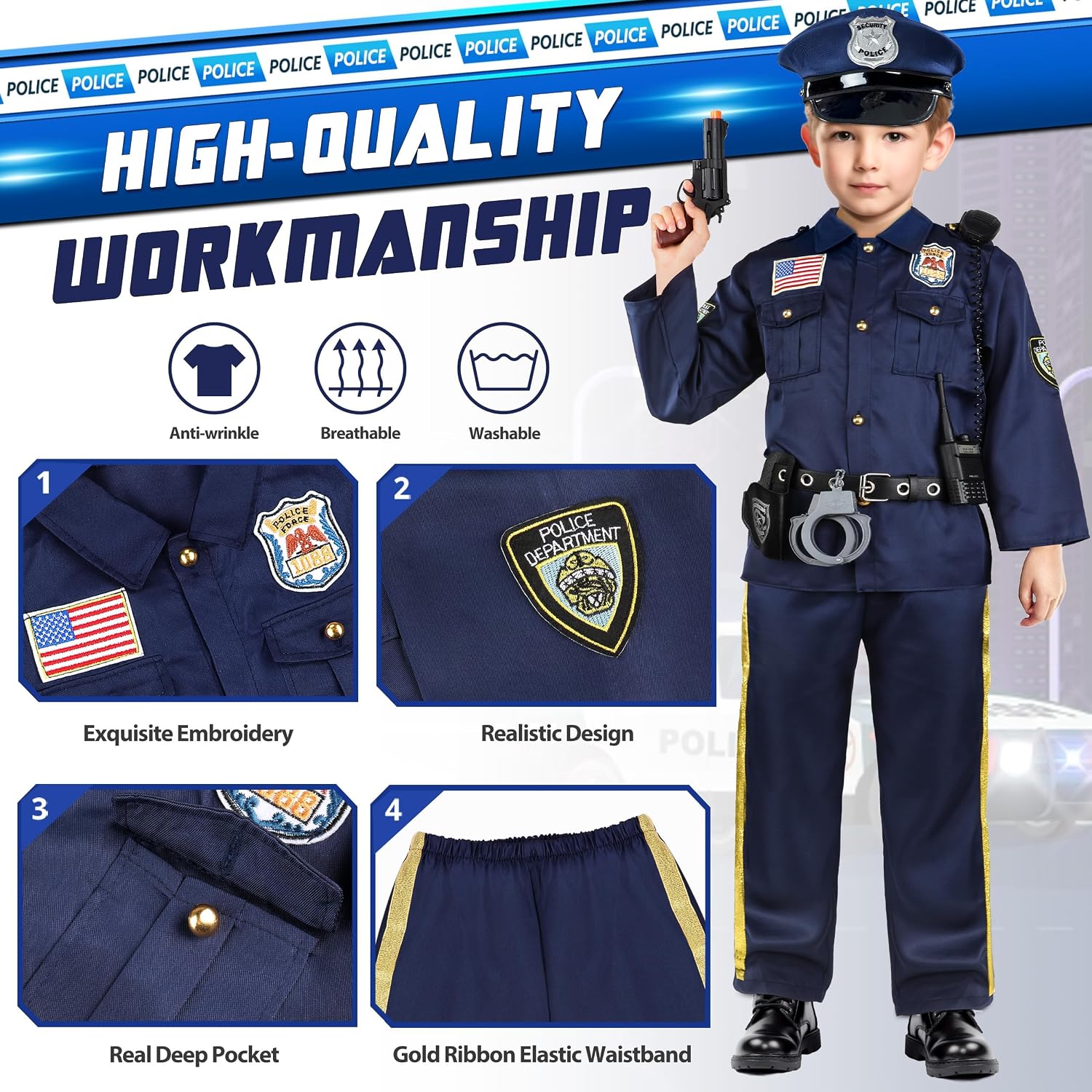 Detalle de Joycover Kids Police Officer Costume, Size S (4-5Y), Navy Blue with Accessories