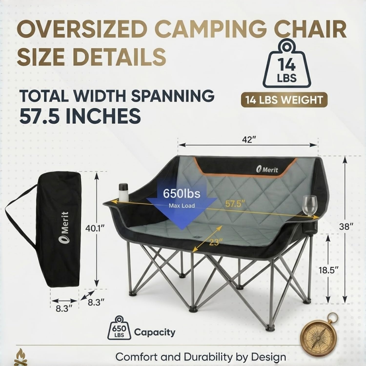 Detalle de EMERIT Oversized Fully Padded Camping Chair — 650 lb Capacity Quad Fold Loveseat