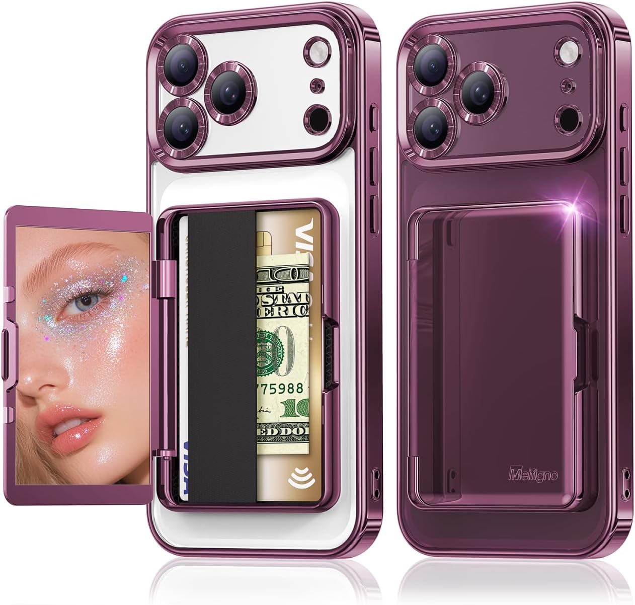 Detalle de Meifigno iPhone 18 Pro Max Wallet Case, Burgundy, Mirror and Kickstand