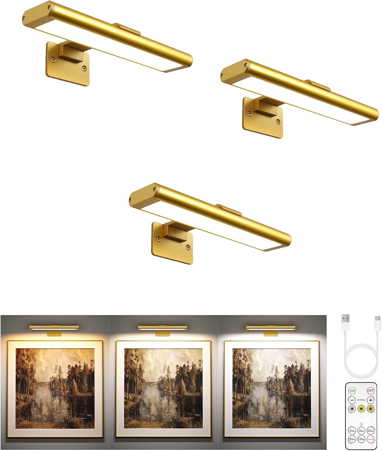 Detalle de EZVALO PL01 Picture Lights, 3-Pack, 7.8-Inch Gold Rechargeable LED Wall Lights