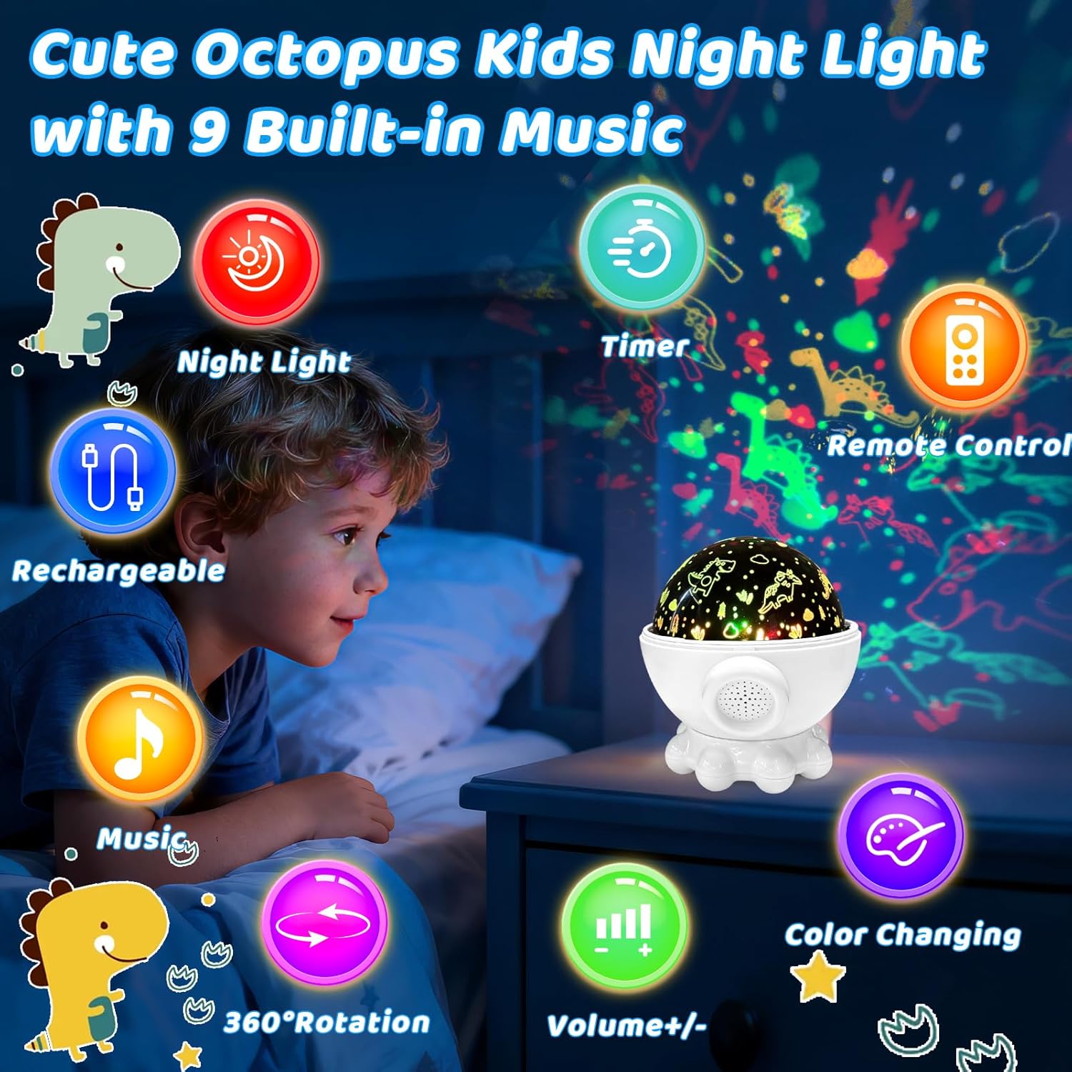 Detalle de Octopus Night Light Projector for Kids – 360° ocean star projector with remote, timer & 17 light modes (white)