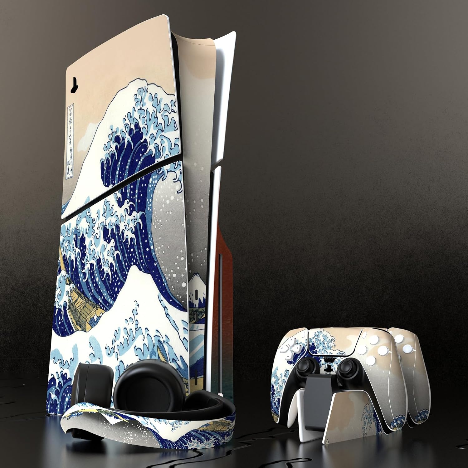 Detalle de PlayVital Full Set Skin Sticker for PS5 Slim Console Disc Edition (The Great Wave) – Complete Vinyl Decal Cover Set