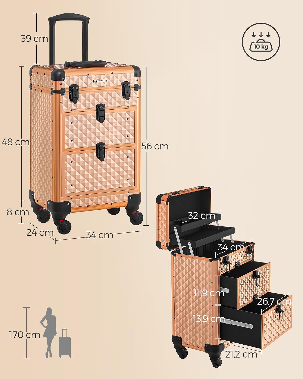 Thumbnail 4 de SONGMICS Cosmetic Suitcase with Wheels, Champagne Gold, 34 x 24 x 56 cm