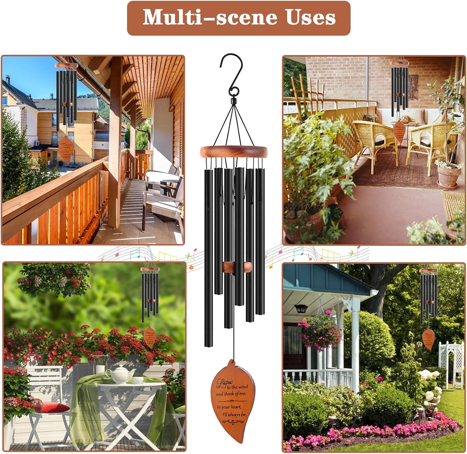 Detalle 2 de Soopau Soopau-220613 B-Black Leaf Memorial Wind Chime, 6 Black Tubes