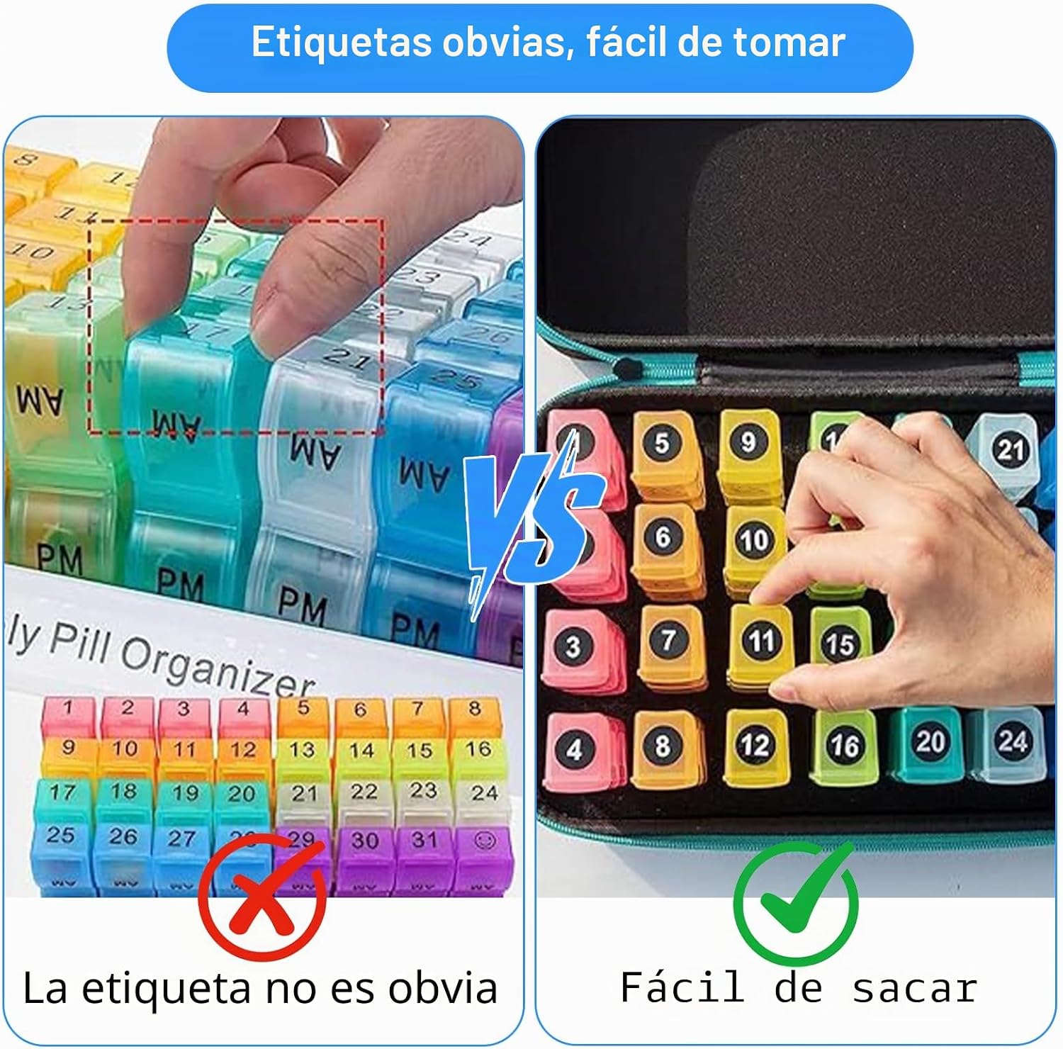 Detalle de Yuehuamech Pastillero mensual de 31 días, 3 tomas diarias y estuche rígido