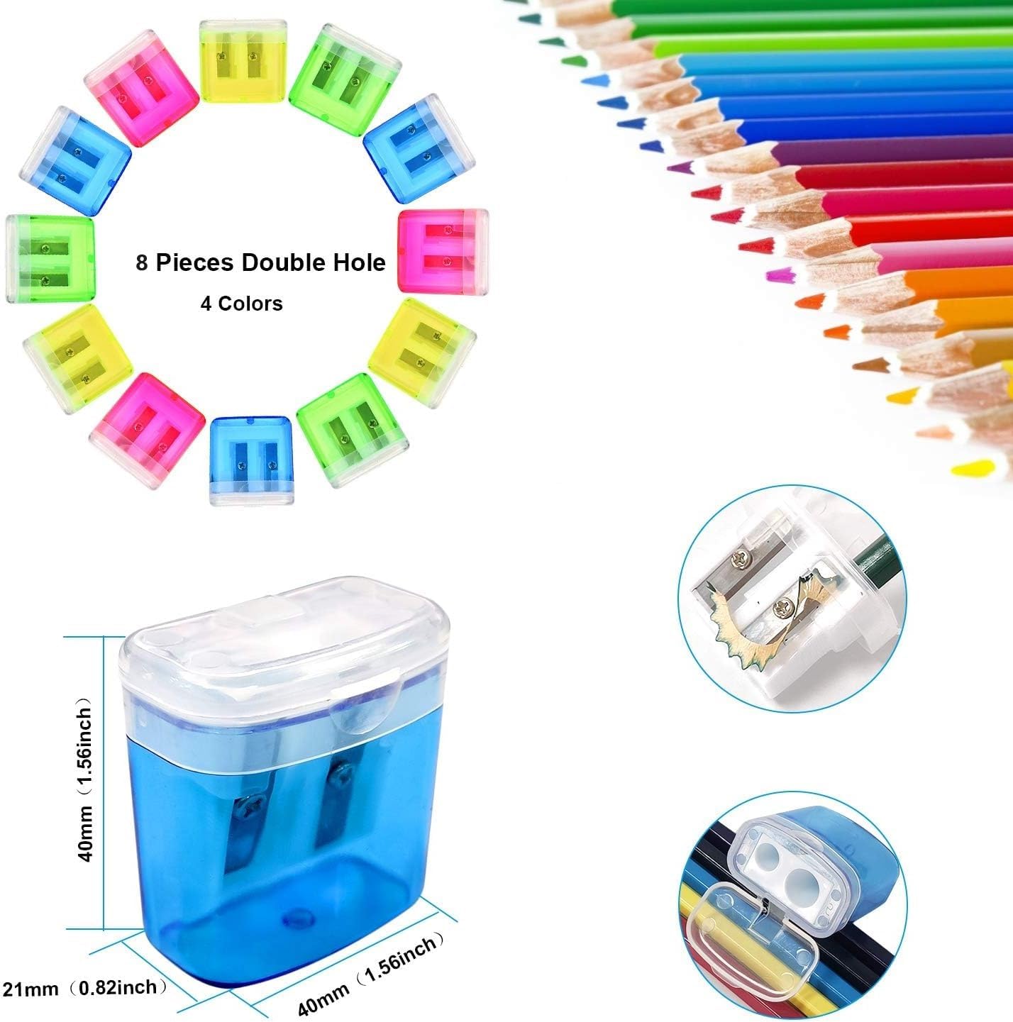 Thumbnail 4 de Manual Pencil Sharpeners Dual Hole - Coideal 8 Pack Small Canister Sharpener Coloured Handheld Double-Hole with Cover for Kids School Students