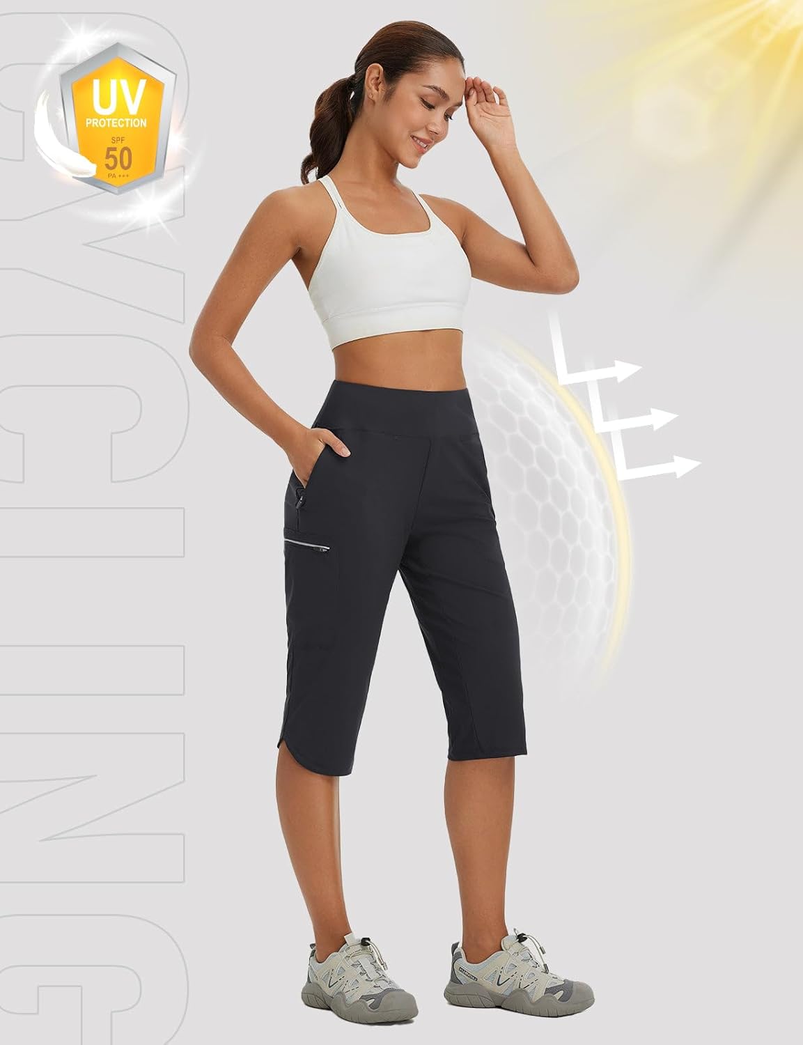 Thumbnail 2 de baleaf Damen-Wanderhose Cargohose Capri Cargohose atmungsaktiv & schnelltrocknend mit Reißverschlusstaschen