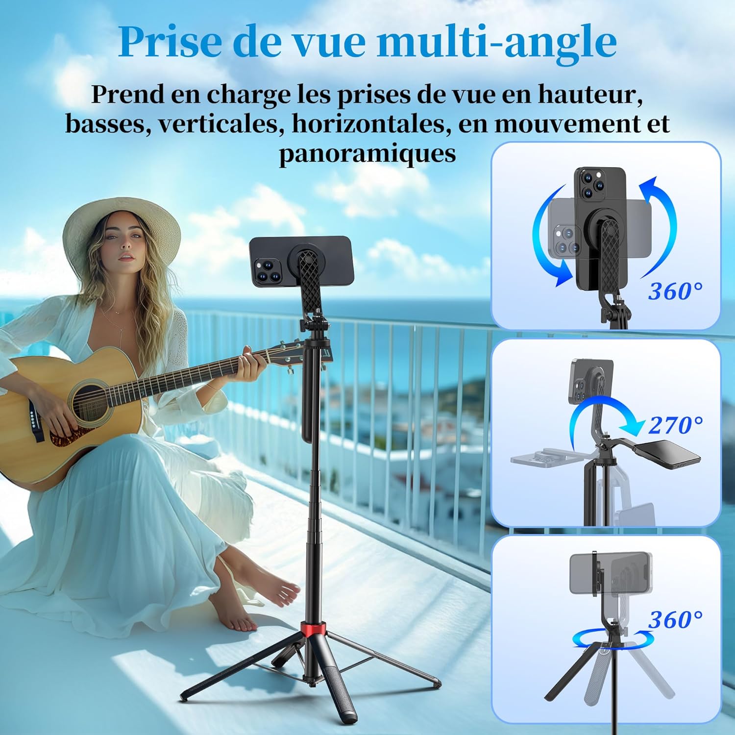 Thumbnail 1 de Trépied magnétique PlusAcc 176 cm pour MagSafe (Snap & Go) avec tête rotative 360° et télécommande détachable