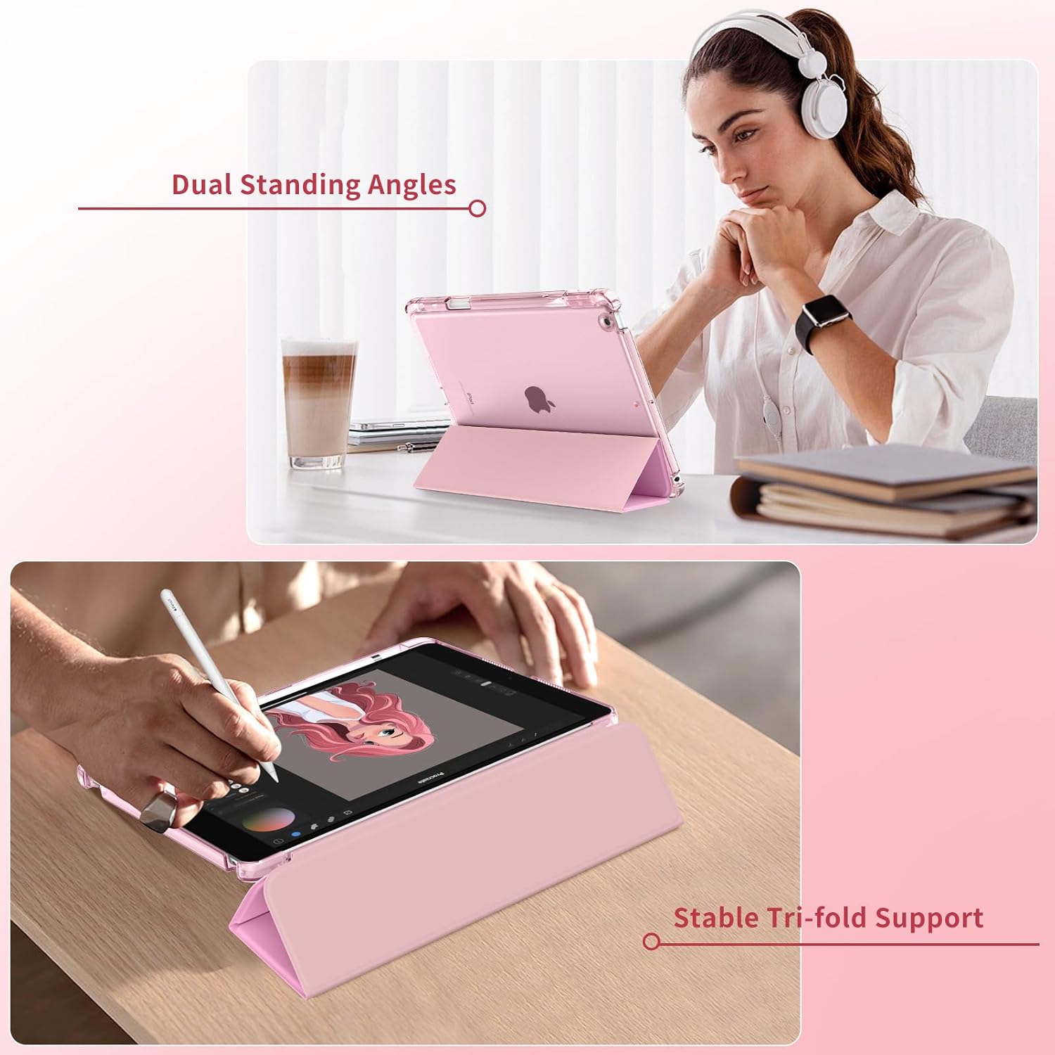 Detalle de MoKo 10.2-Inch iPad Case (9th/8th/7th Gen) with Pencil Holder – Slim, Translucent Back, Pink