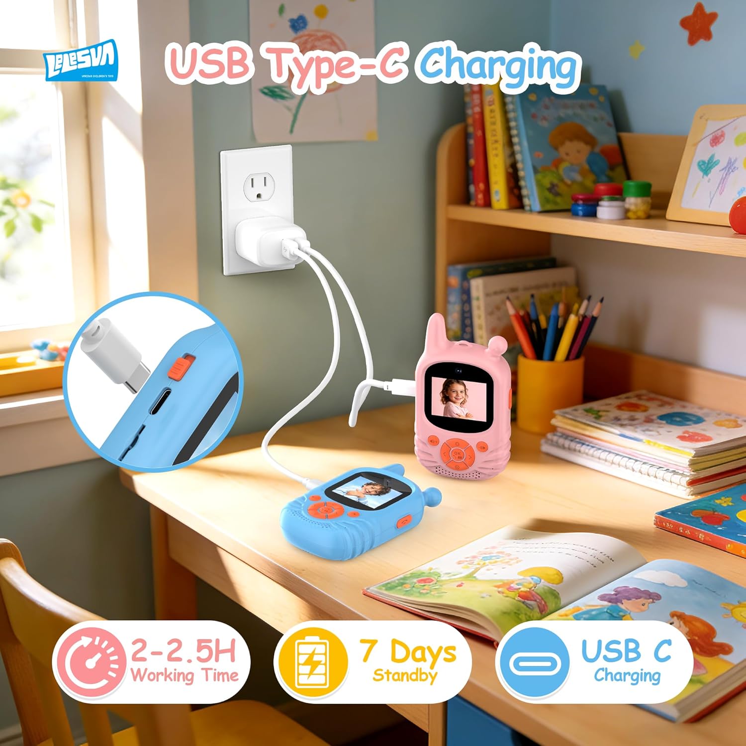 Thumbnail 4 de Walkie Talkie video per bambini LELESUN – set da 2 con doppia fotocamera e ricaricabili