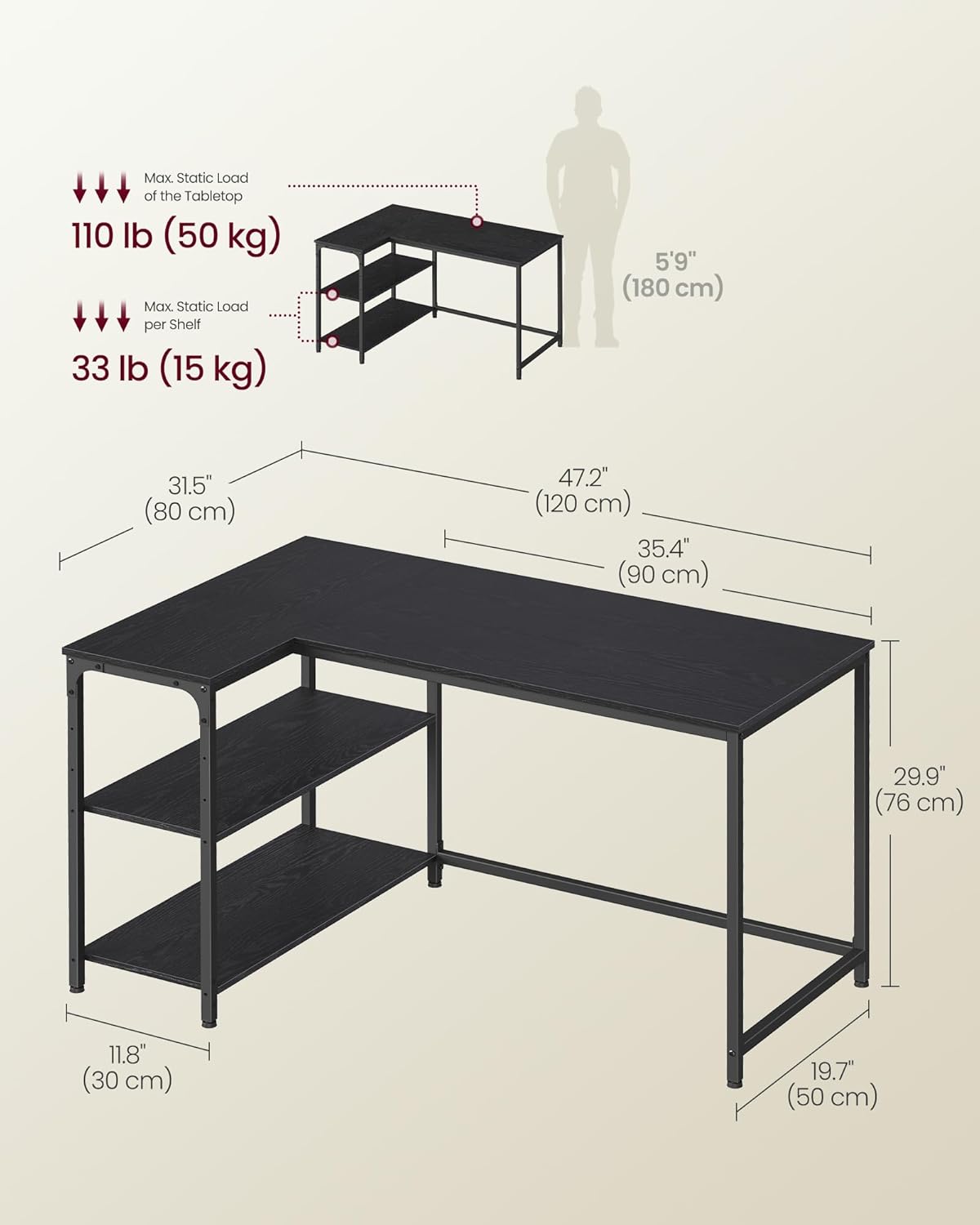 Thumbnail 2 de VASAGLE L Shaped Corner Desk 120x80 cm