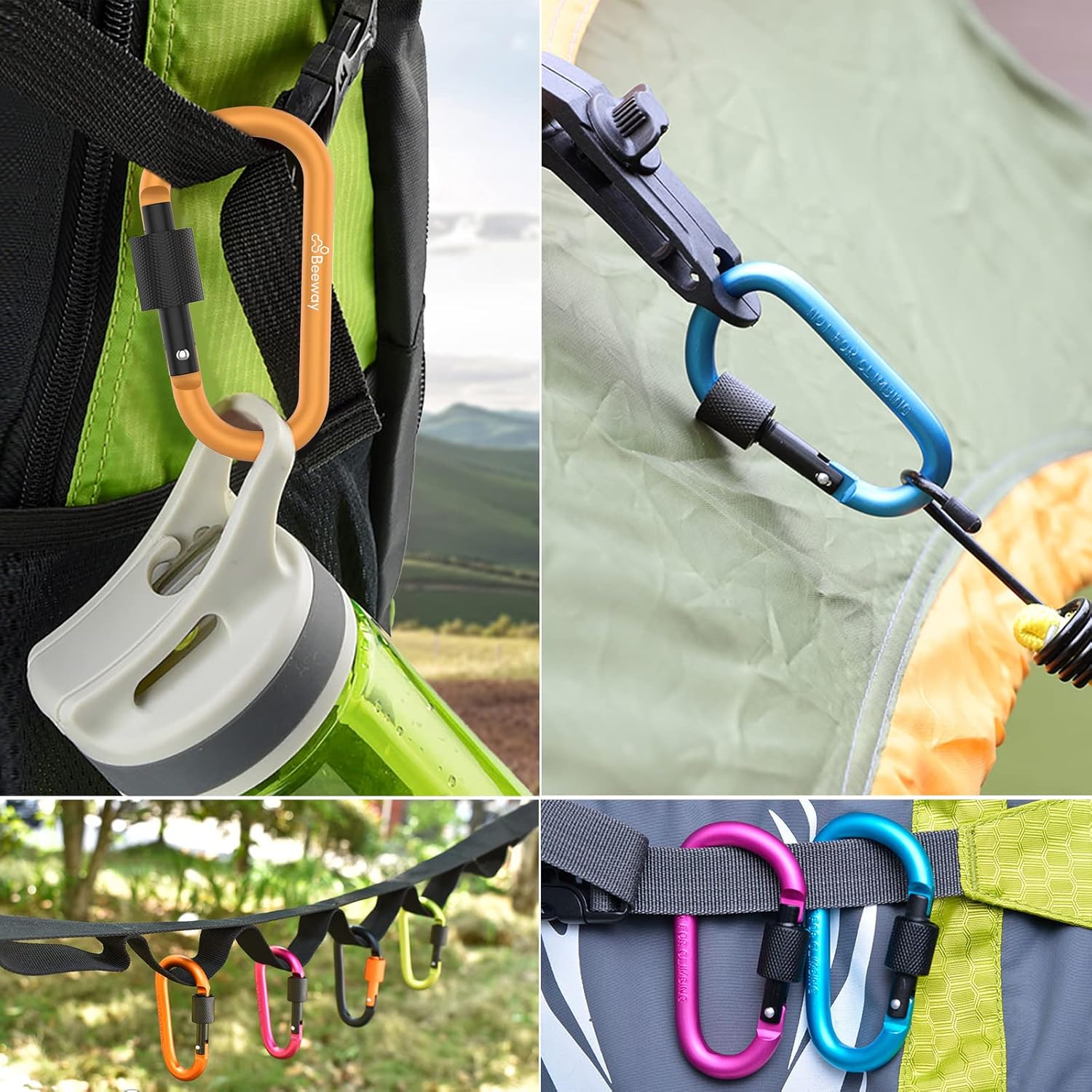 Detalle de BEEWAY Locking Carabiner (Premium Aluminium Alloy D-Ring) – 3 Pack Key Chain Clip Hooks