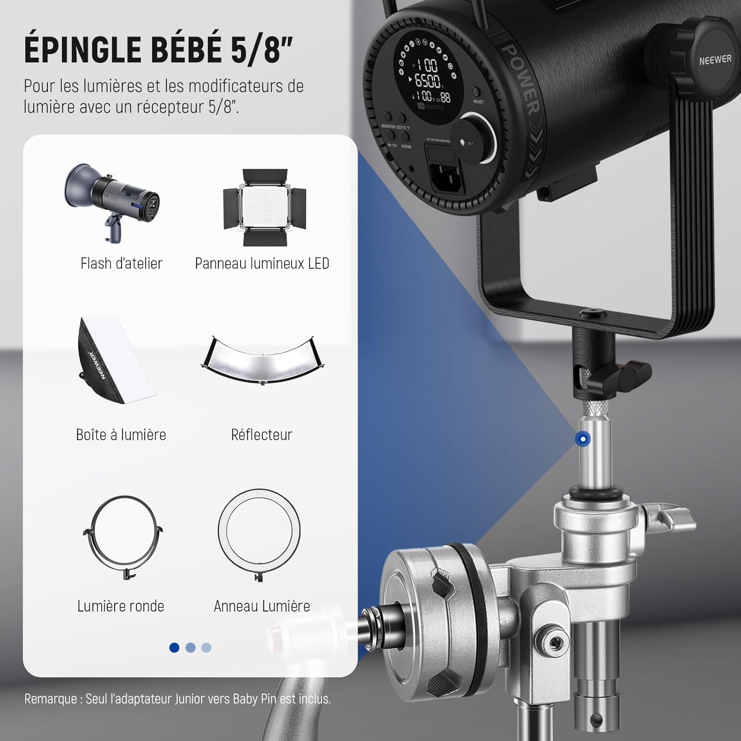 Detalle de NEEWER Adaptateur Junior vers Baby Pin (UA027) : passe de 1-1/8” à 5/8” pour C-stands et supports d’éclairage