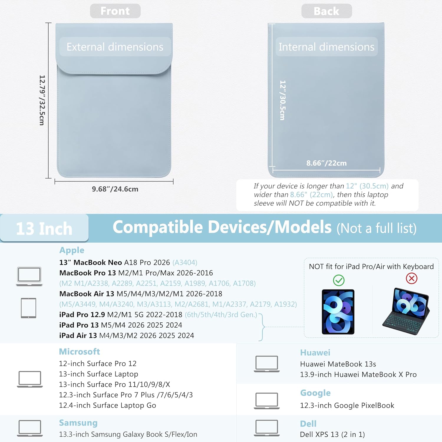 Thumbnail 5 de HYZUO 13-inch Laptop Sleeve Case in Pale Blue (microfibre suede look) for 12–13 inch devices