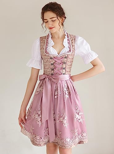 Detalle de EIISSION Dirndl Damen Midi Trachtenkleid inklusive Rock, Bluse und Schürze – Pink, Größe 36