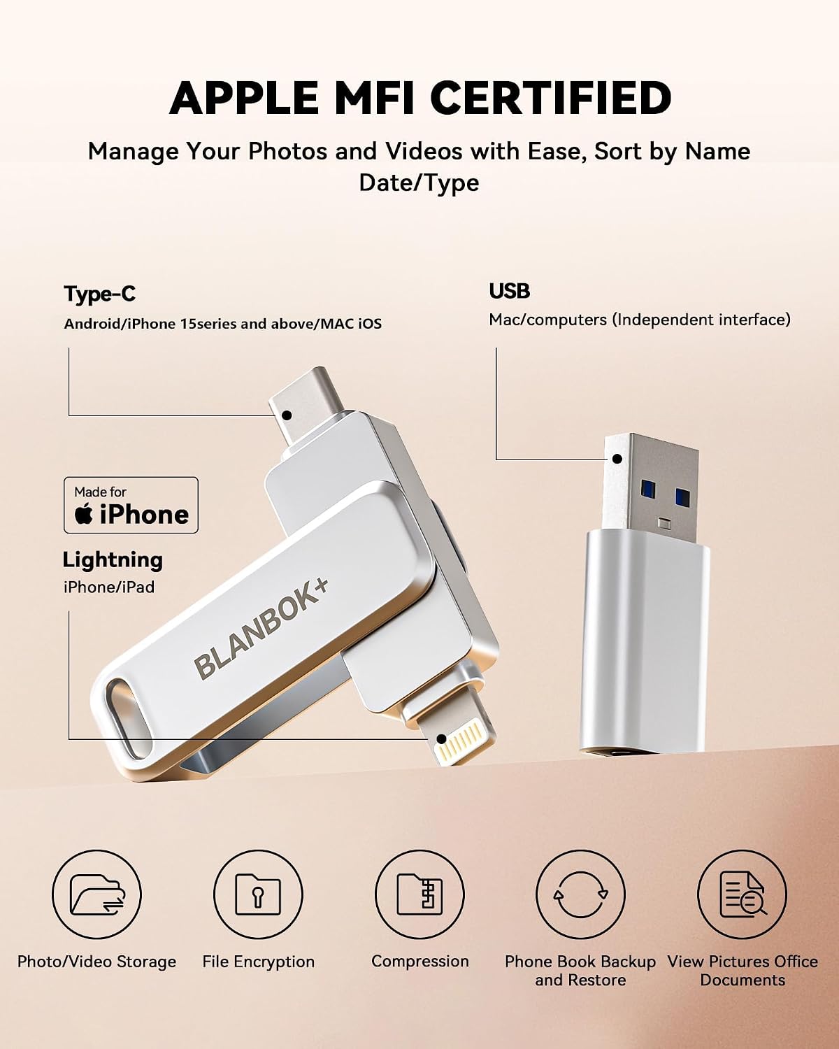Detalle 2 de BLANBOK+ BLA2431 256GB MFi Photo Stick with Lightning, USB-C and USB