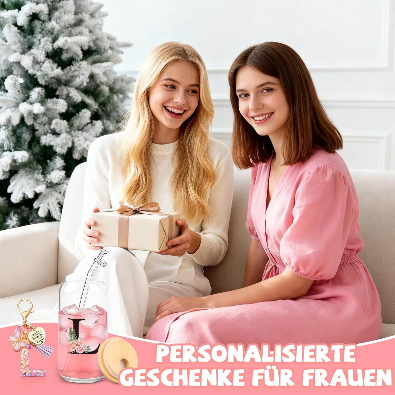 Thumbnail 6 de TUZELIYA A-Z Personalisierte Geschenke: Glasbecher mit Deckel & Strohhalm + Initialen-Schlüsselanhänger