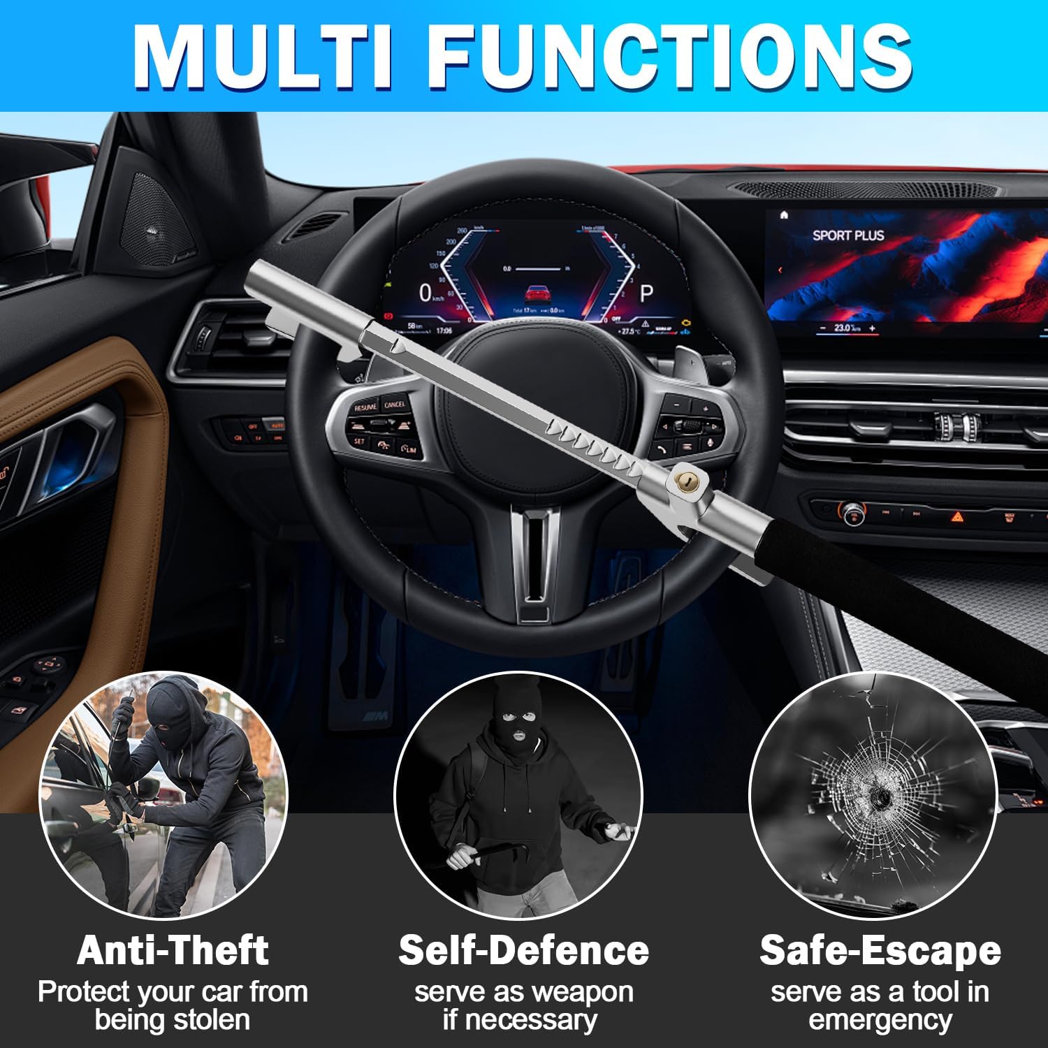 Detalle de MONOJOY Universal Steering Wheel Lock (Adjustable 6.6–12.8 in) with Safety Hammer, Heavy-Duty Anti-Theft for Car, Truck, SUV, Van