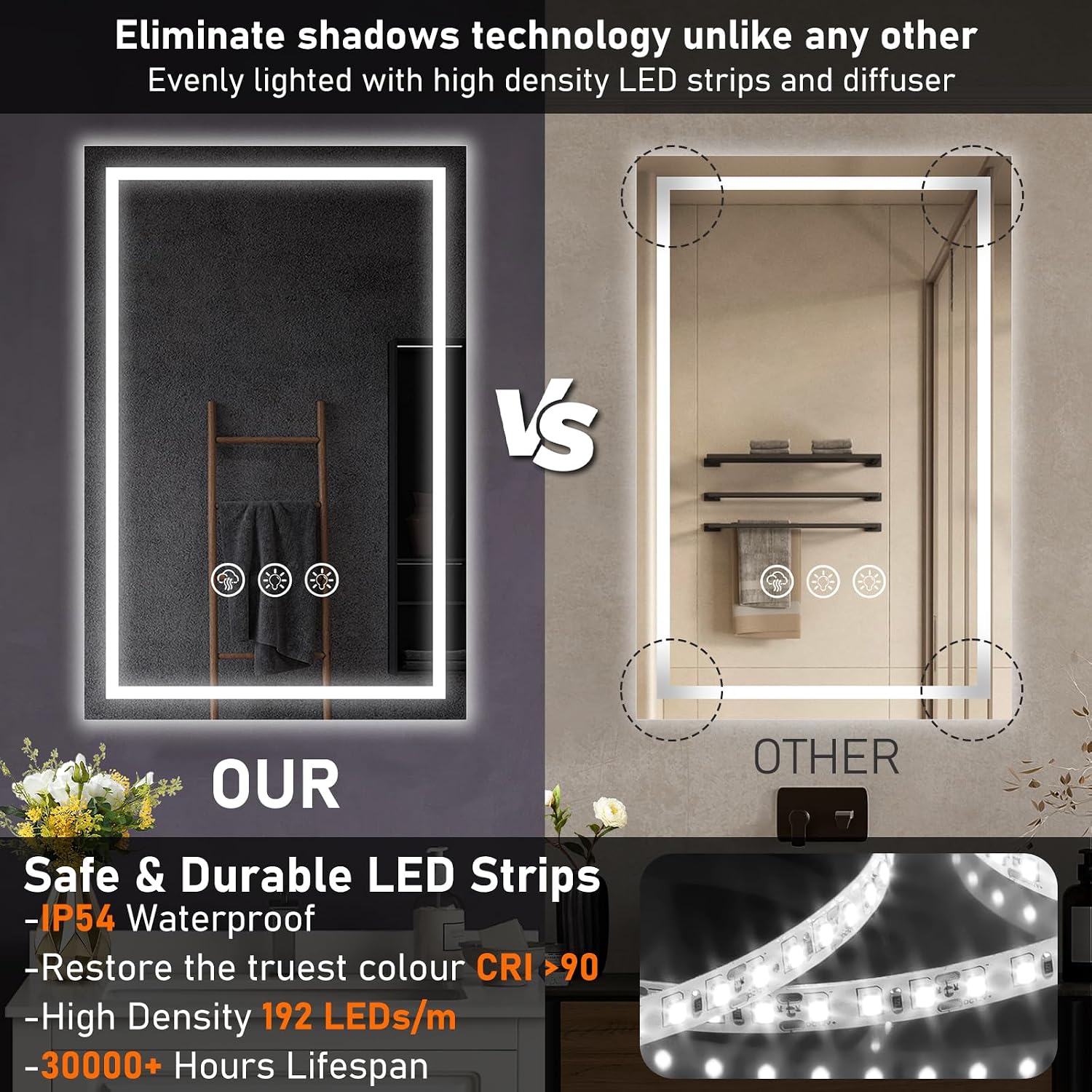 Detalle 2 de Simusi 40x60 cm Specchio Bagno con Luce LED, IP44, Anti-appannamento e Tre temperature di colore