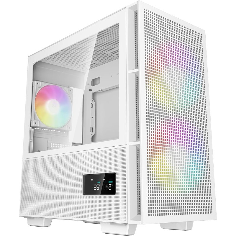 Detalle de DeepCool CH360 ARGB DIGITAL: carcasa mATX con flujo de aire frontales y panel híbrido de vidrio