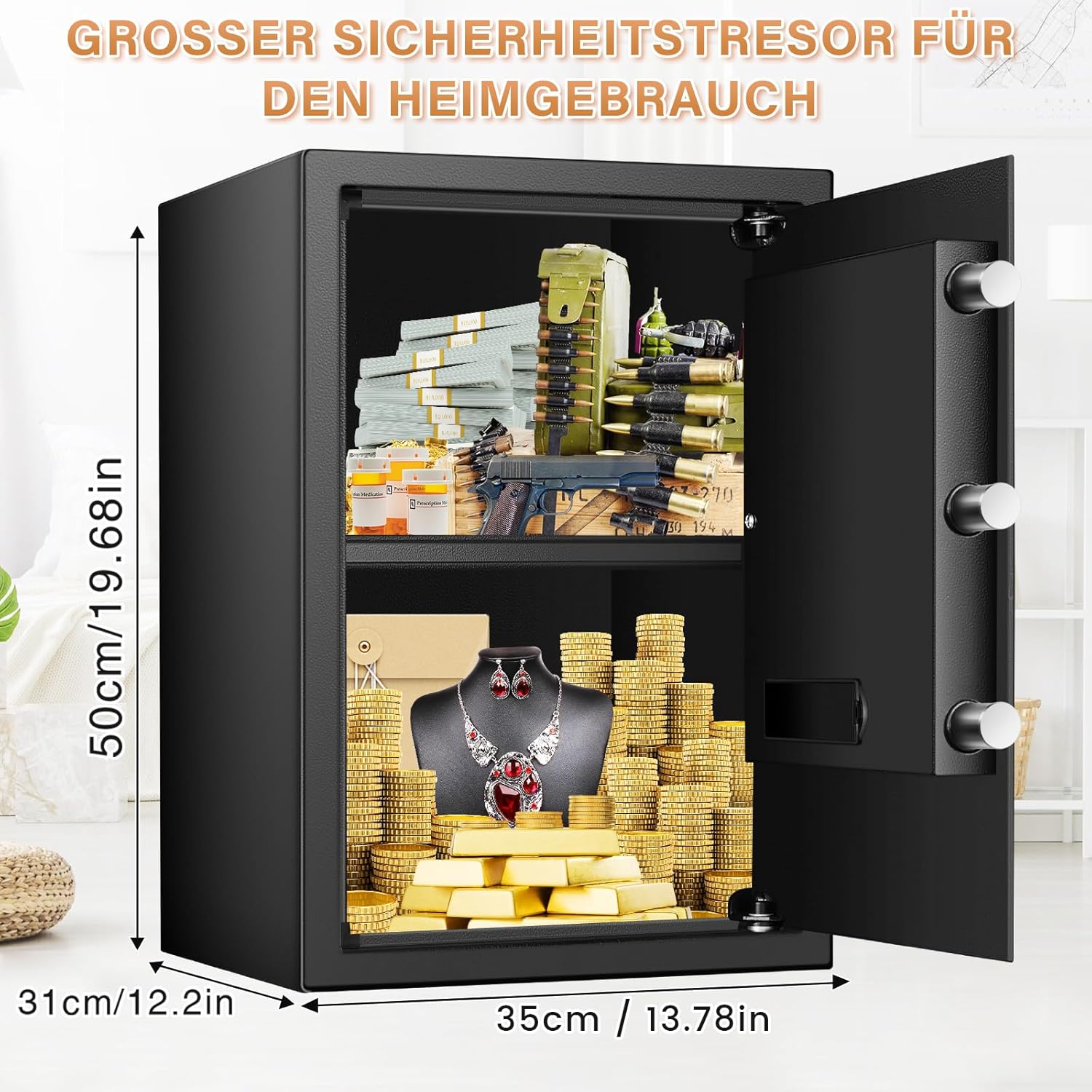 Detalle de 70L Großer Safe Tresor: Digitales Tresor mit Schlüssel, Alarm, Abnehmbarem Regal und Wand-/Schrankverankerung