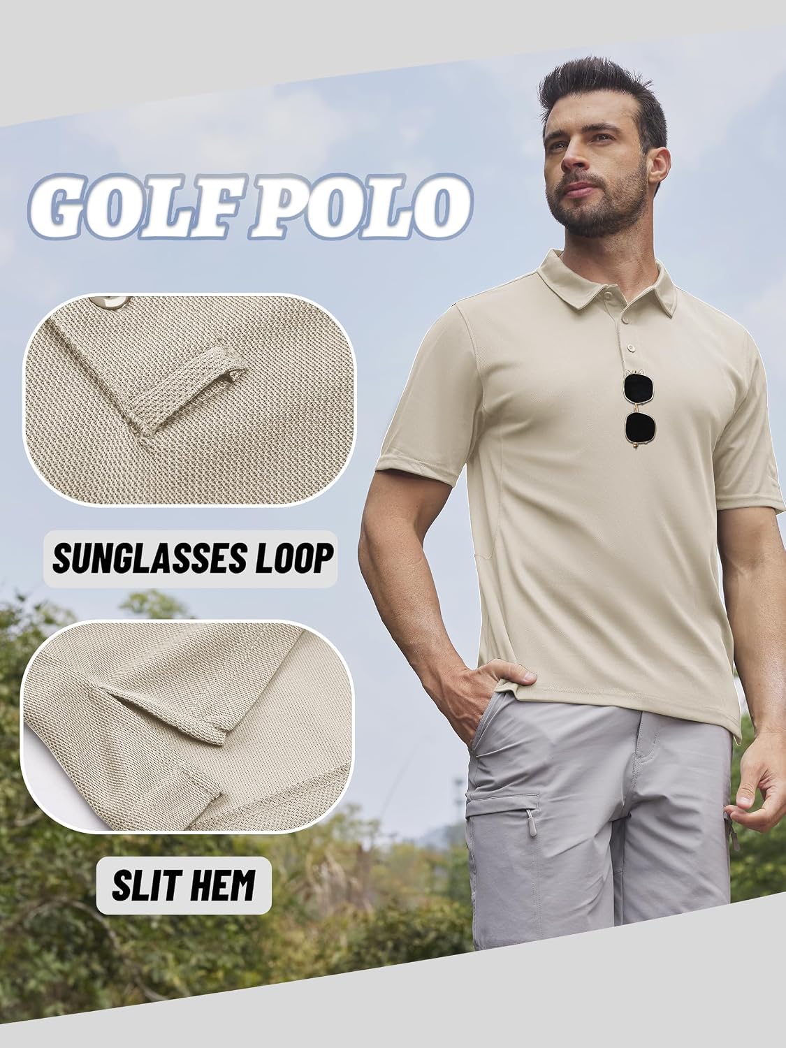 Detalle de KEFITEVD men’s outdoor breathable polo shirt with quick-dry and sunglasses loop