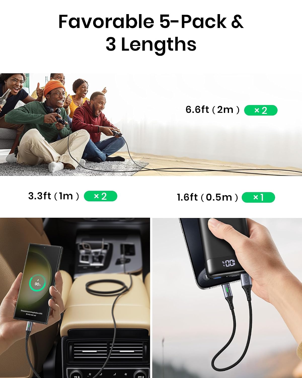 Thumbnail 6 de INIU USB-C Cable Fast Charging, 5-Pack Nylon USB-C Cords (1.6 ft + 3.3 ft x2 + 6.6 ft x2)