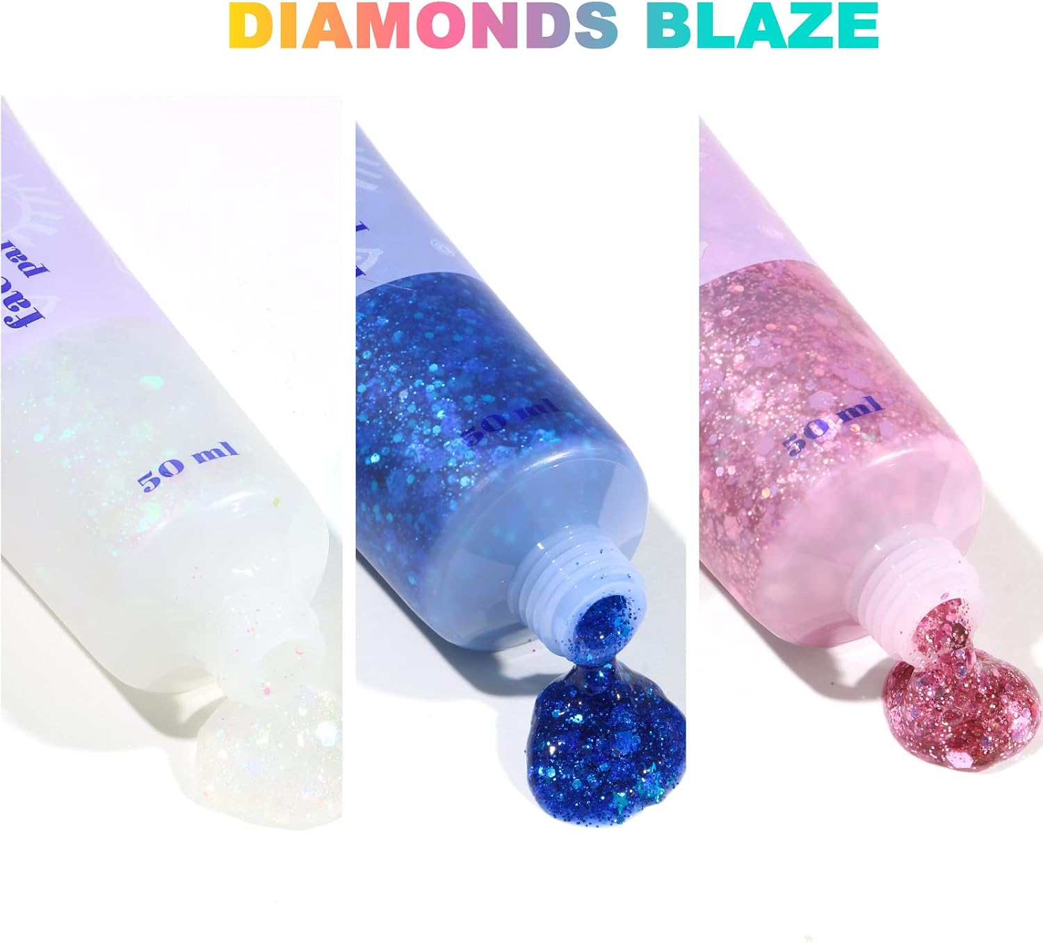Detalle 2 de URAQT 3 pezzi Glitter Corpo, 50 ml – Gel glitterato Bianco, Blu e Rosa per viso, unghie, occhi, labbra, capelli e corpo