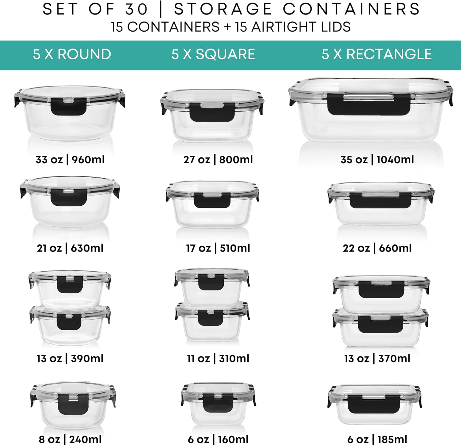 Detalle 2 de Razab 30 Glass Food Storage Containers 30pc 🥡