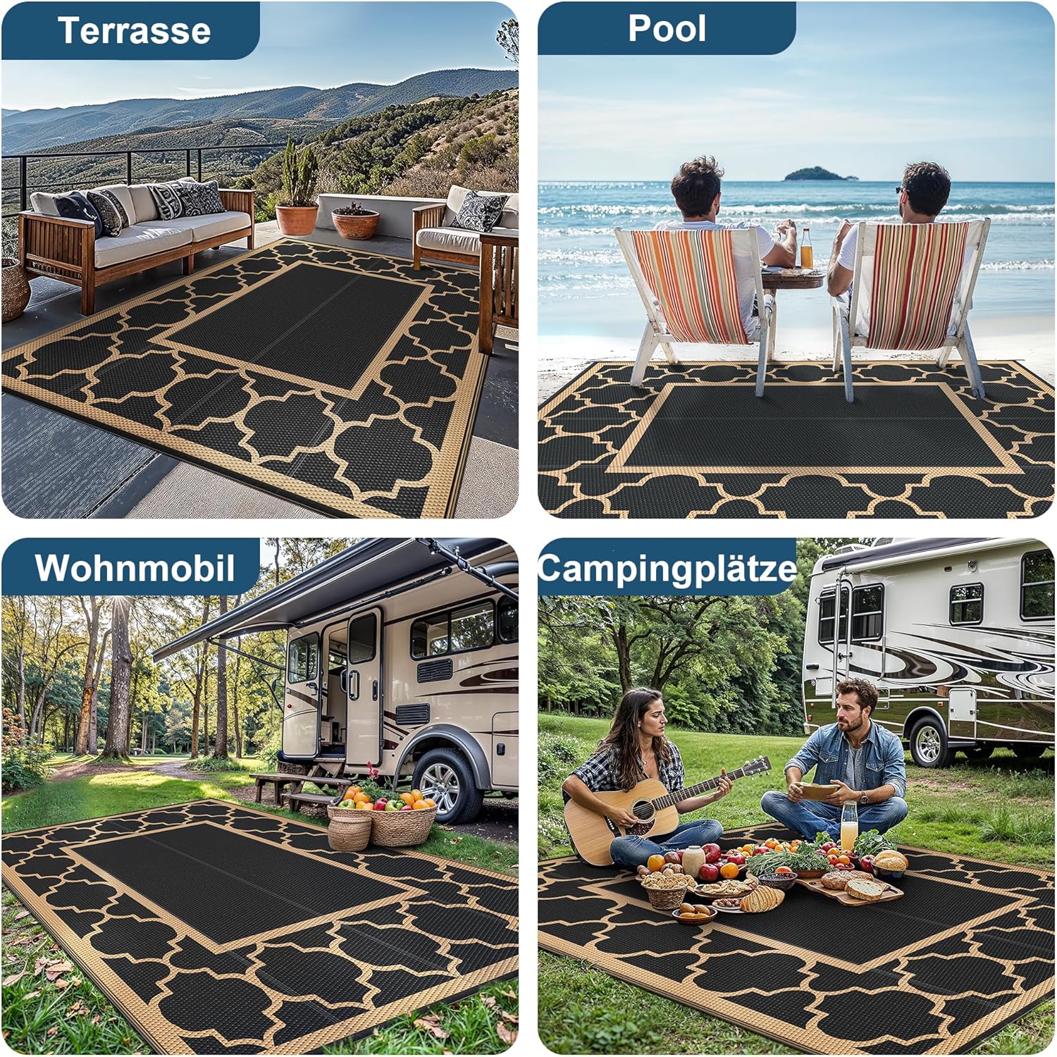 Detalle de GENIMO Tapis Extérieur Resistant Pluie 275x365 cm – Noir & Brun, réversible et antidérapant