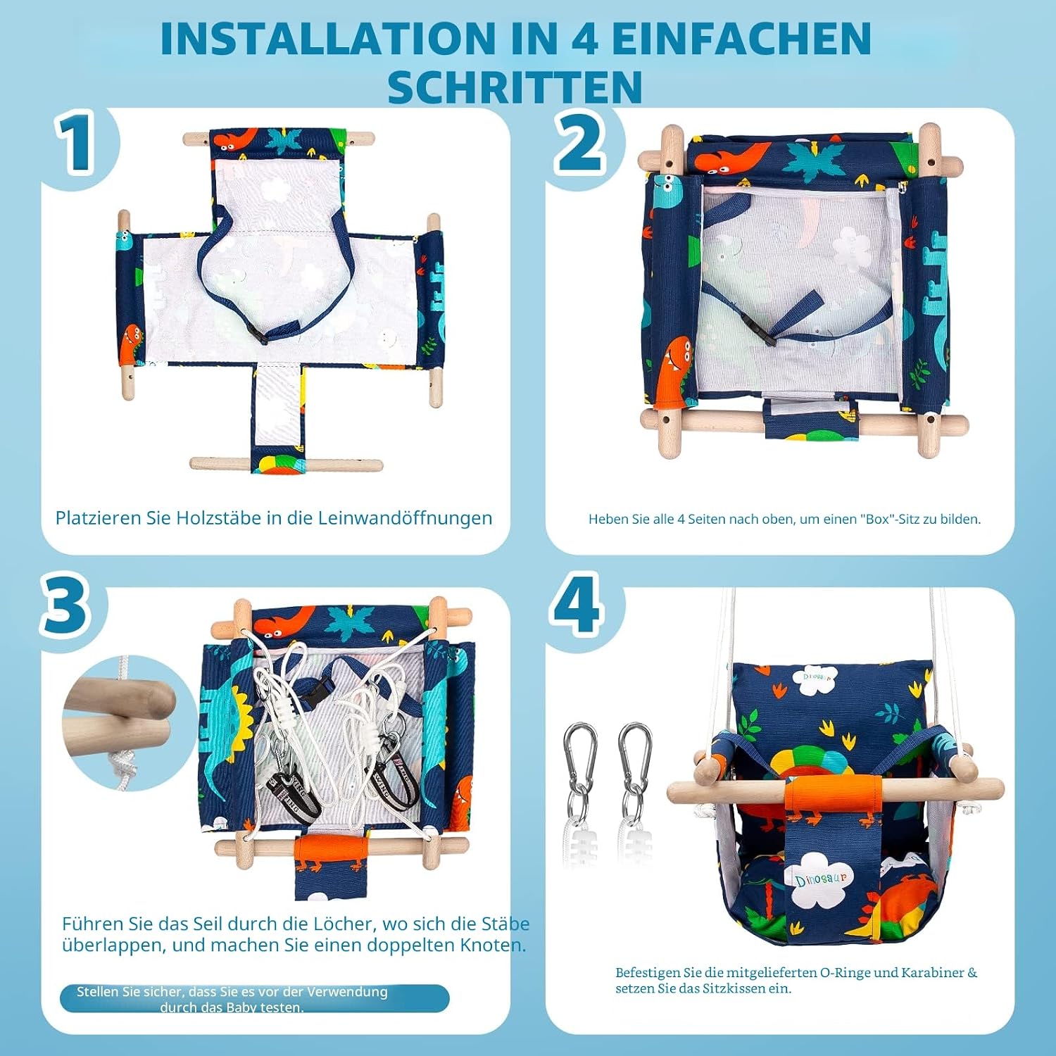 Detalle de Katomi Schaukel für Baby und Kinder mit Sicherheitsgurt – verstellbare Länge, Edelstahl-Karabiner, Dinosaurier-Design