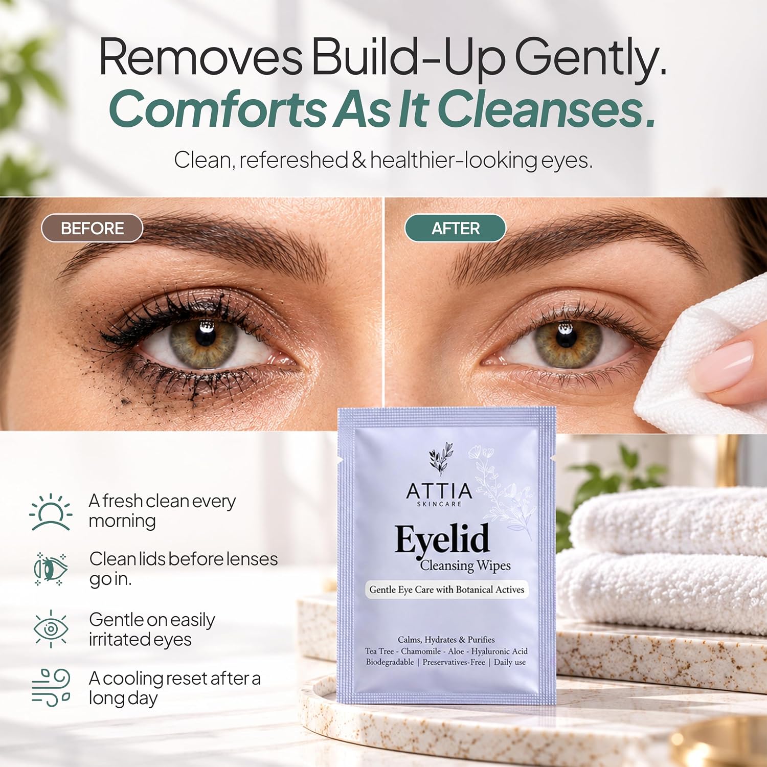Detalle de Attia Skincare Tea Tree Oil Eyelid Wipes, 30 Count, Individually Wrapped