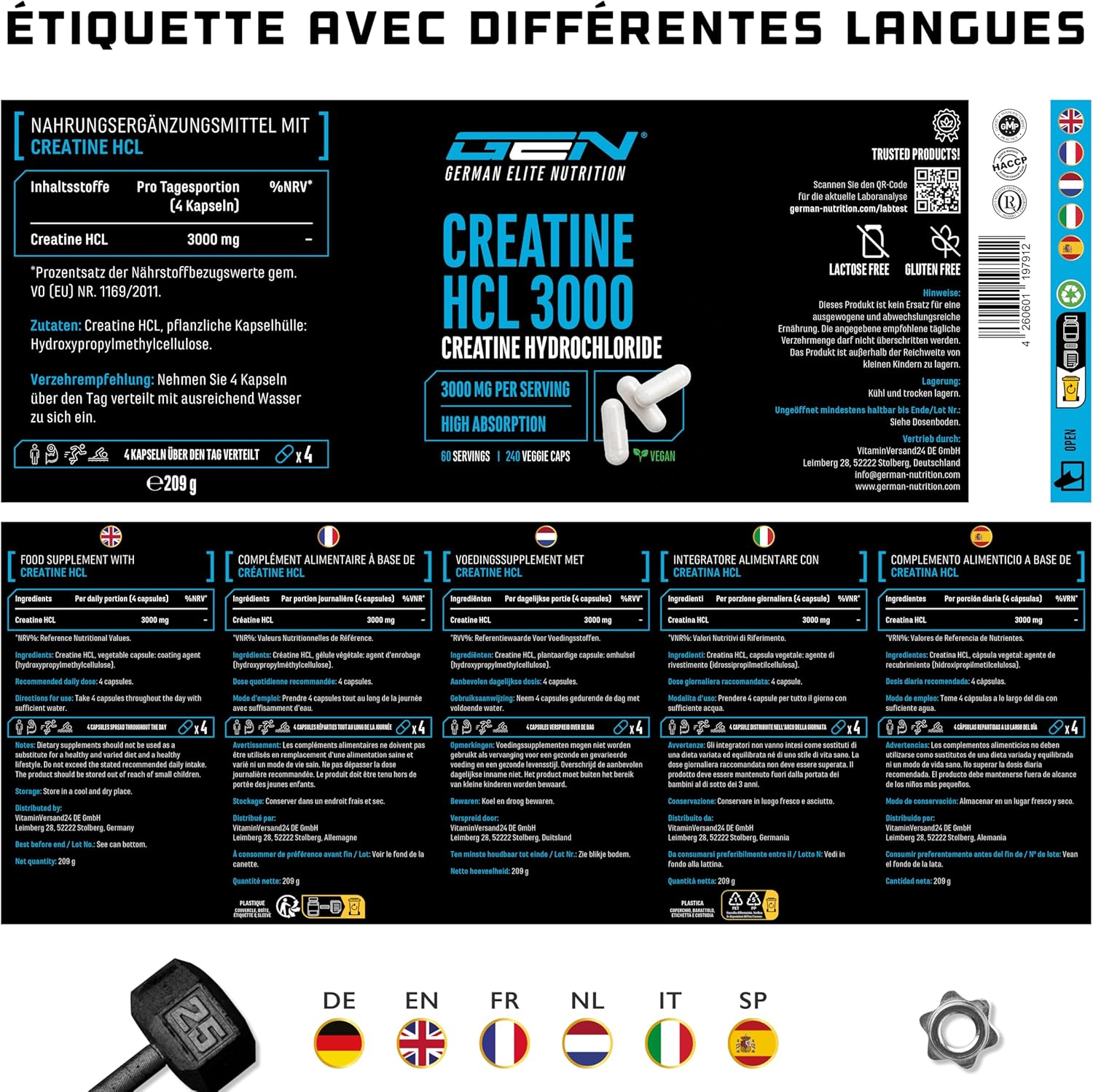 Thumbnail 5 de Creatine HCL 3,0 g/dose—240 gélules vegan