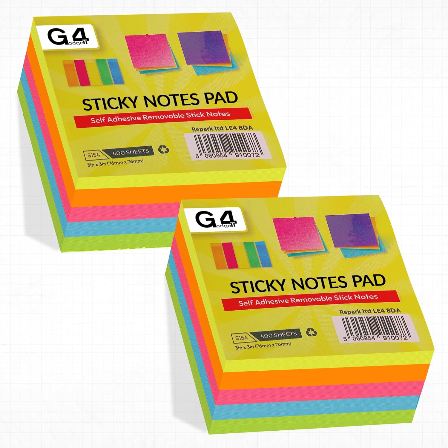 G4GADGET 800pcs Sticky Notes 75x75mm – 2 Cube (10 Pads of 80 Sheets) in 5 Colours