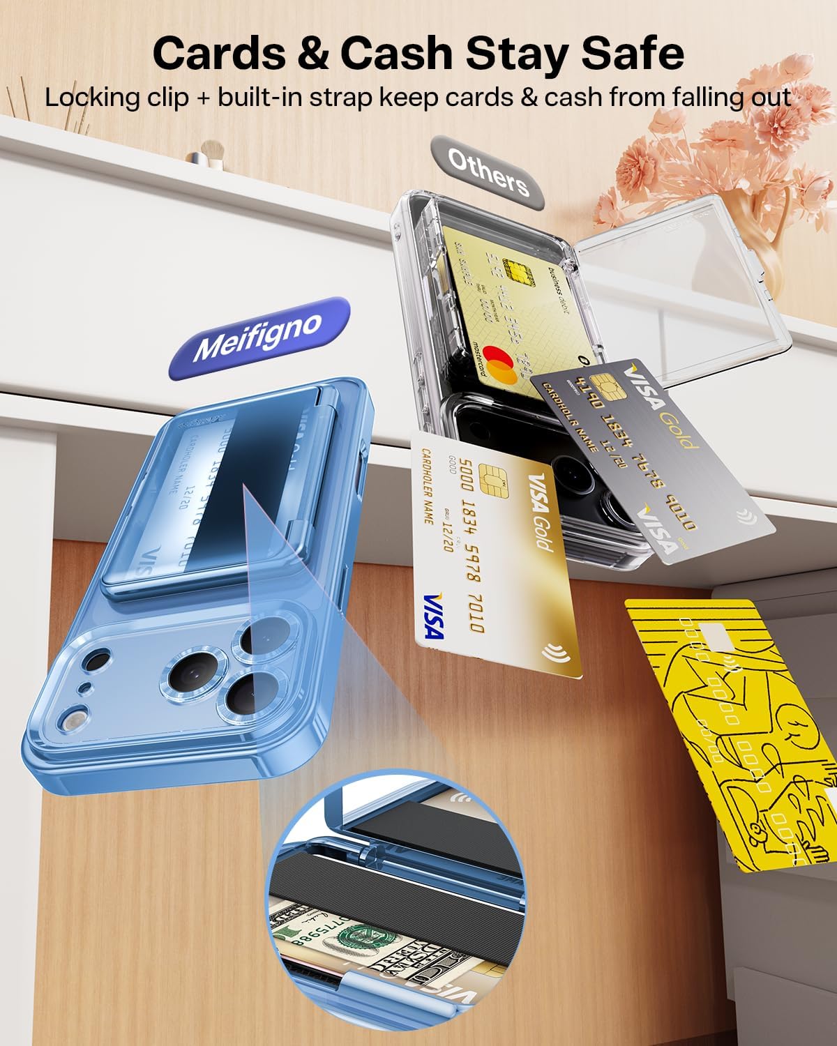Thumbnail 6 de Meifigno iPhone 18 Pro Wallet Case with Mirror and Kickstand, Glacier Blue