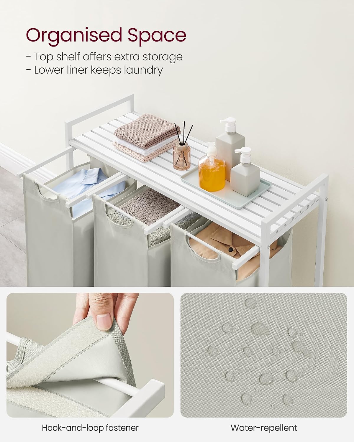 Detalle de VASAGLE Brenta BLH301W01 Laundry Sorter 55AA4374, 120 L, 3 Sections