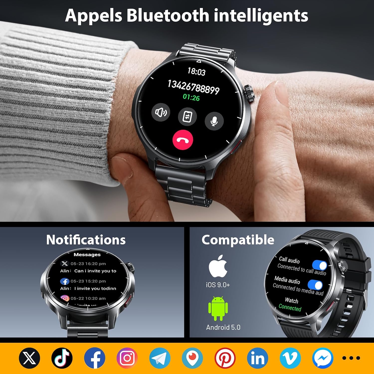 Thumbnail 2 de Montre connectée homme 1,52" HD avec appels Bluetooth et batterie 1000 mAh (IP68, acier noir)