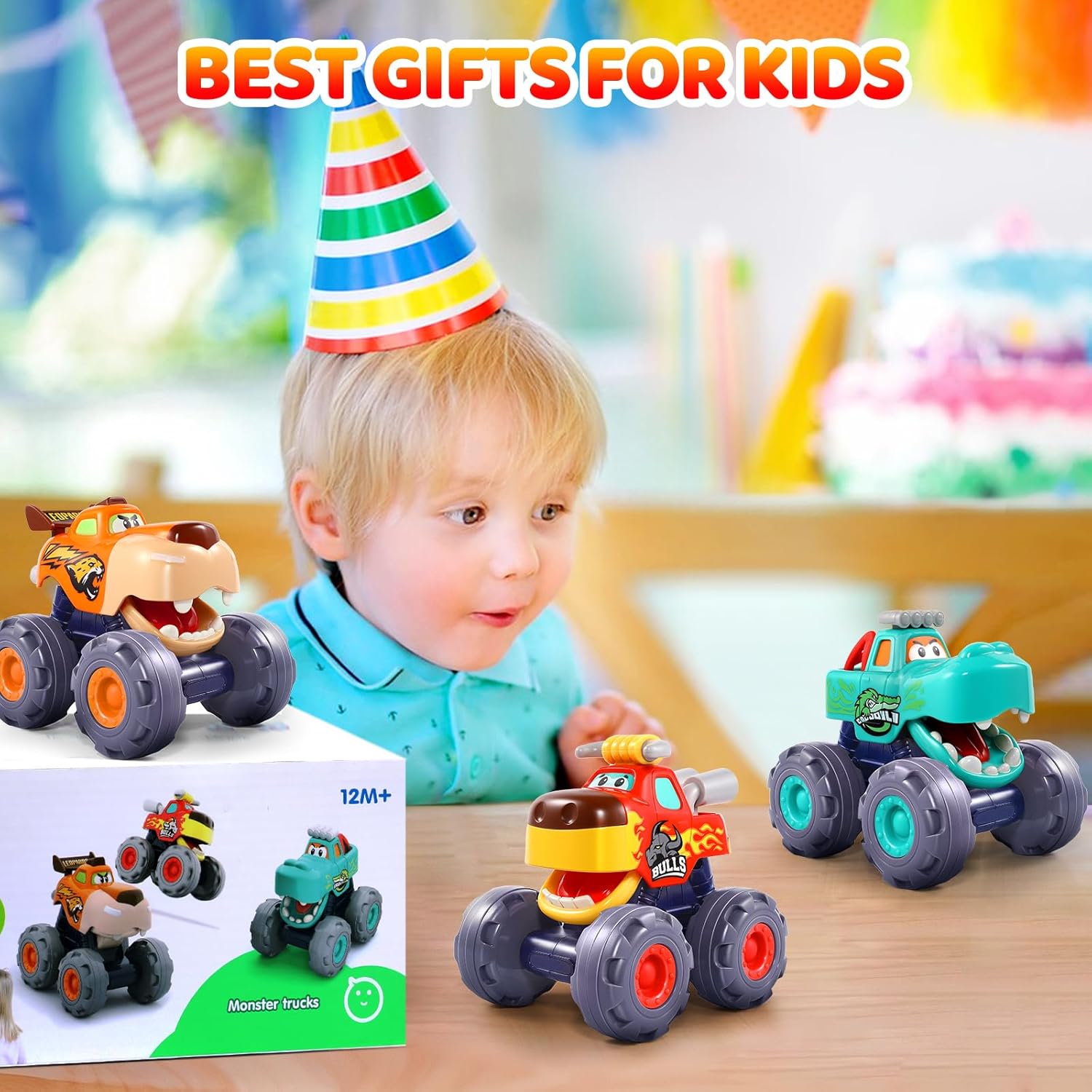 Detalle de OCATO Pull Back Monster Truck Toy Cars for 12–18 Months (3-Pack) — Gifts for 1-Year-Old Boys