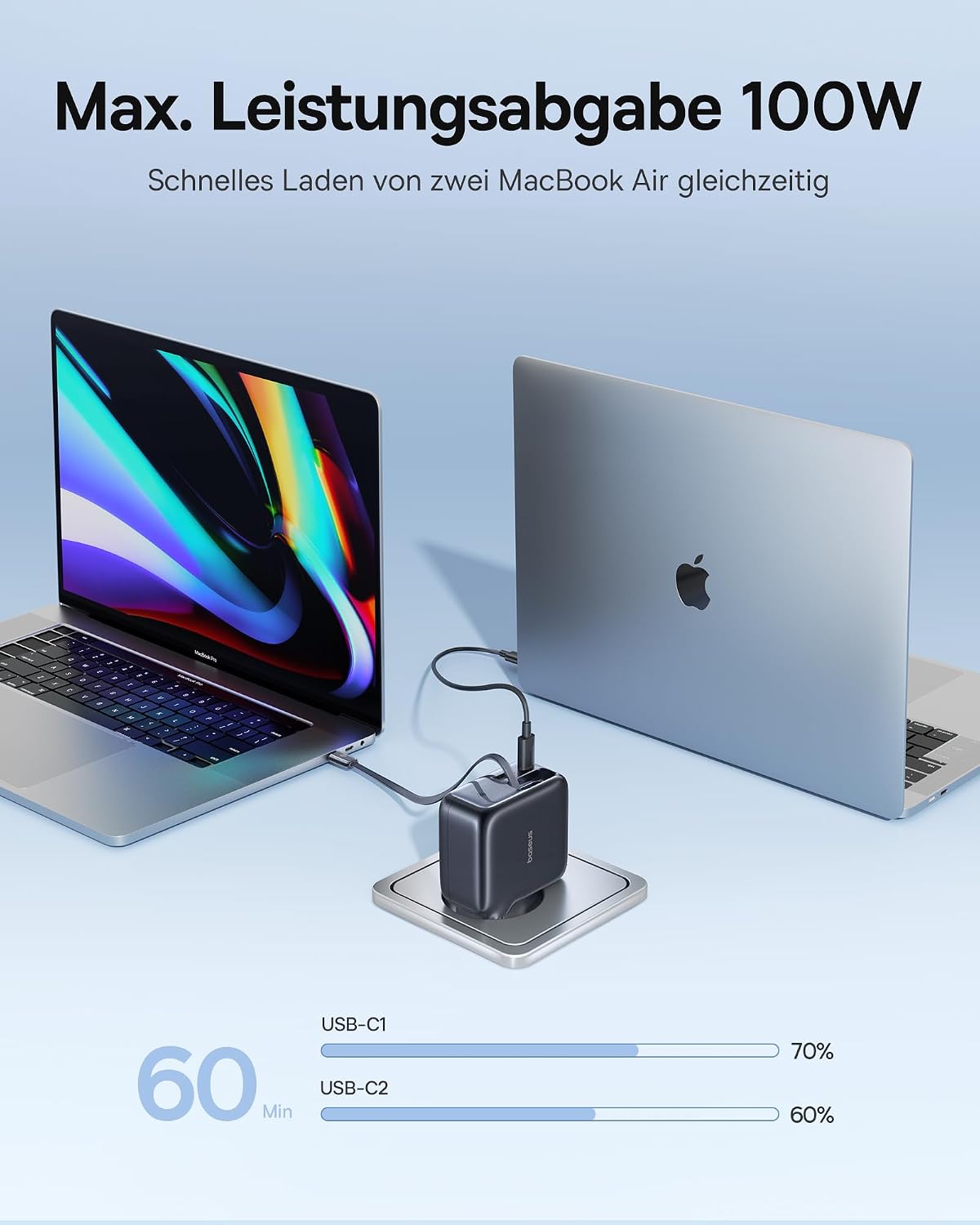 Detalle de Baseus Enercore USB-C 100W Ladegerät mit ausziehbarem Kabel und 3 Ports – GaN, kompakt und intelligentes Laden