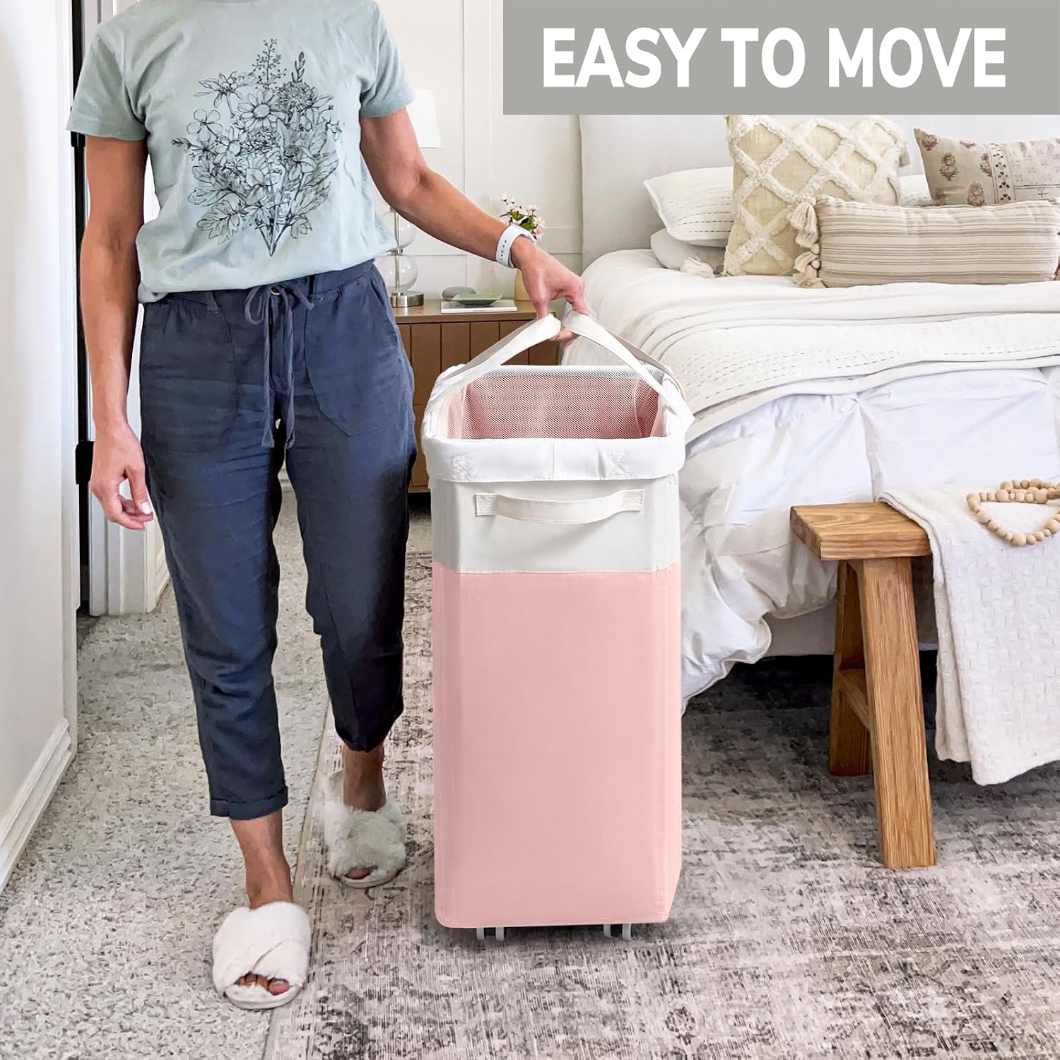 Detalle 2 de Goodpick Canvas07wheel75-pink white 2-Pack Rolling Laundry Hampers, 75L